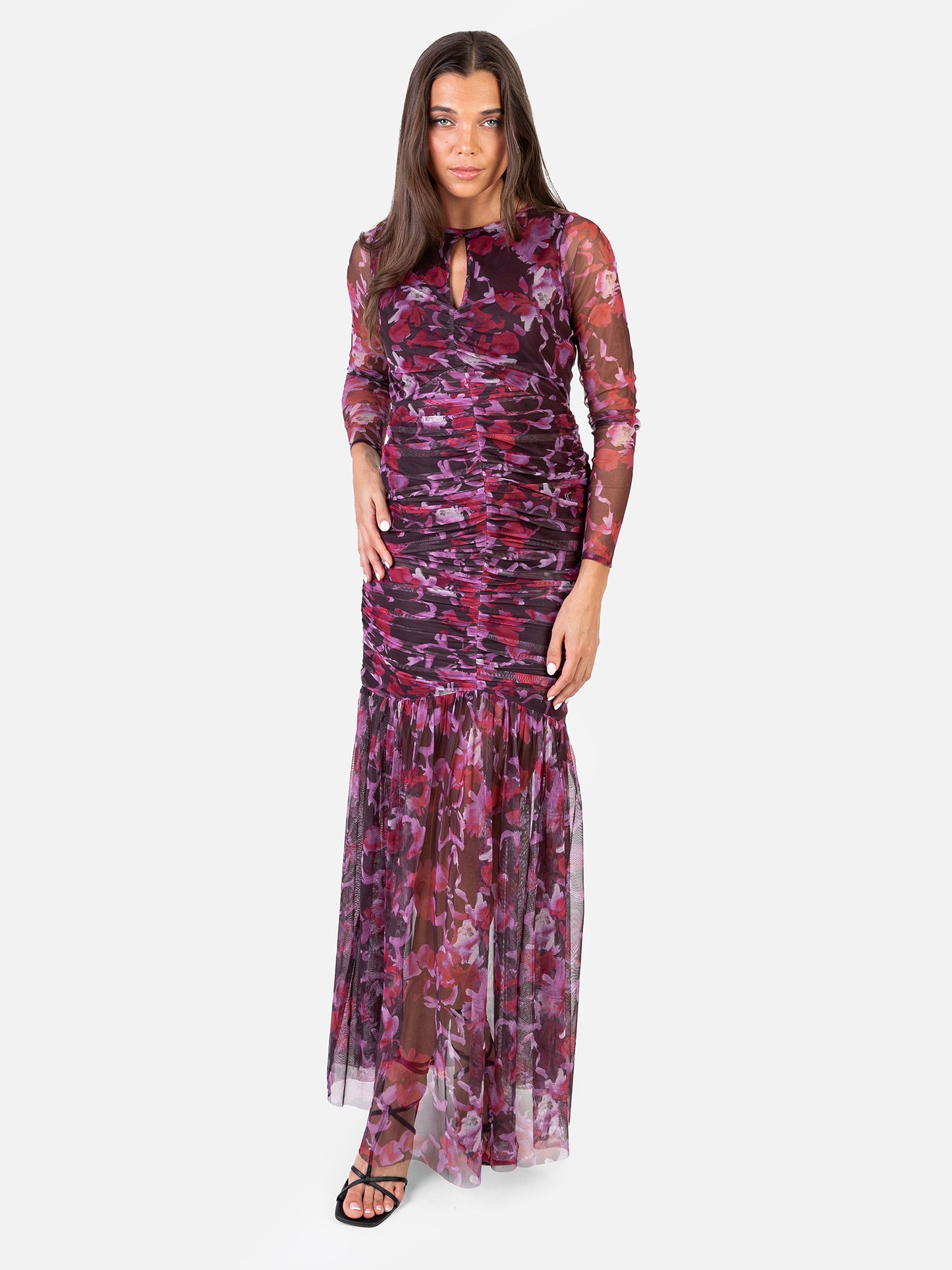 Anaya With Love Recycled Pink Floral Ruched Tulle Maxi Dress