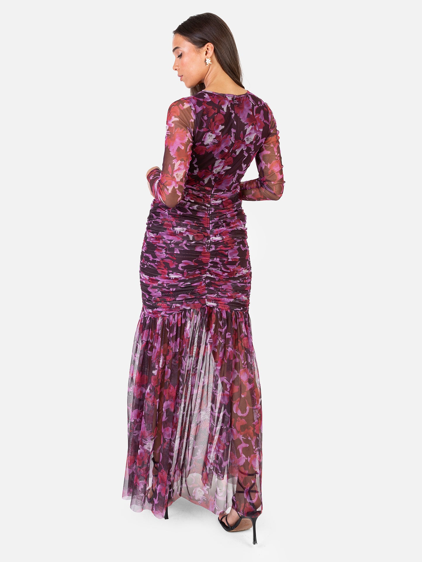 Anaya With Love Recycled Pink Floral Ruched Tulle Maxi Dress