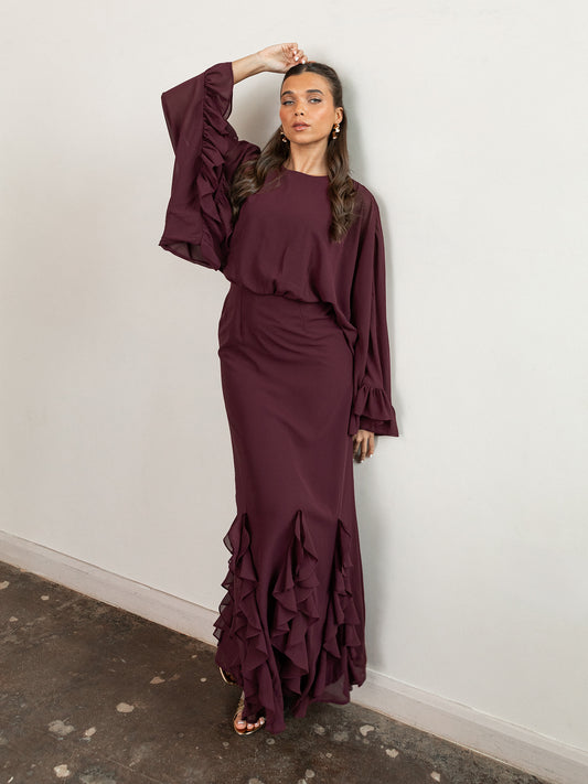 Anaya With Love Recycled Maroon Oversized Ruffle Sleeve Maxi Dress