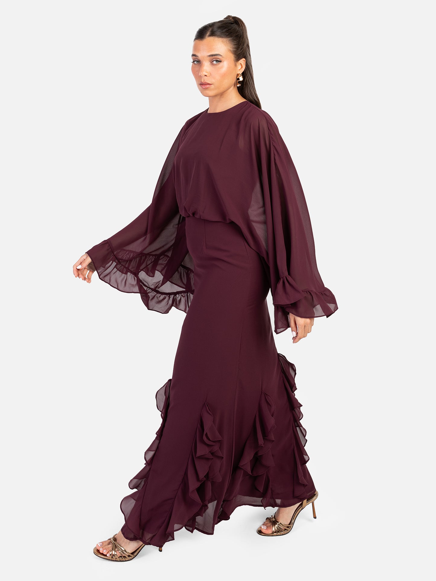 Anaya With Love Recycled Maroon Oversized Ruffle Sleeve Maxi Dress