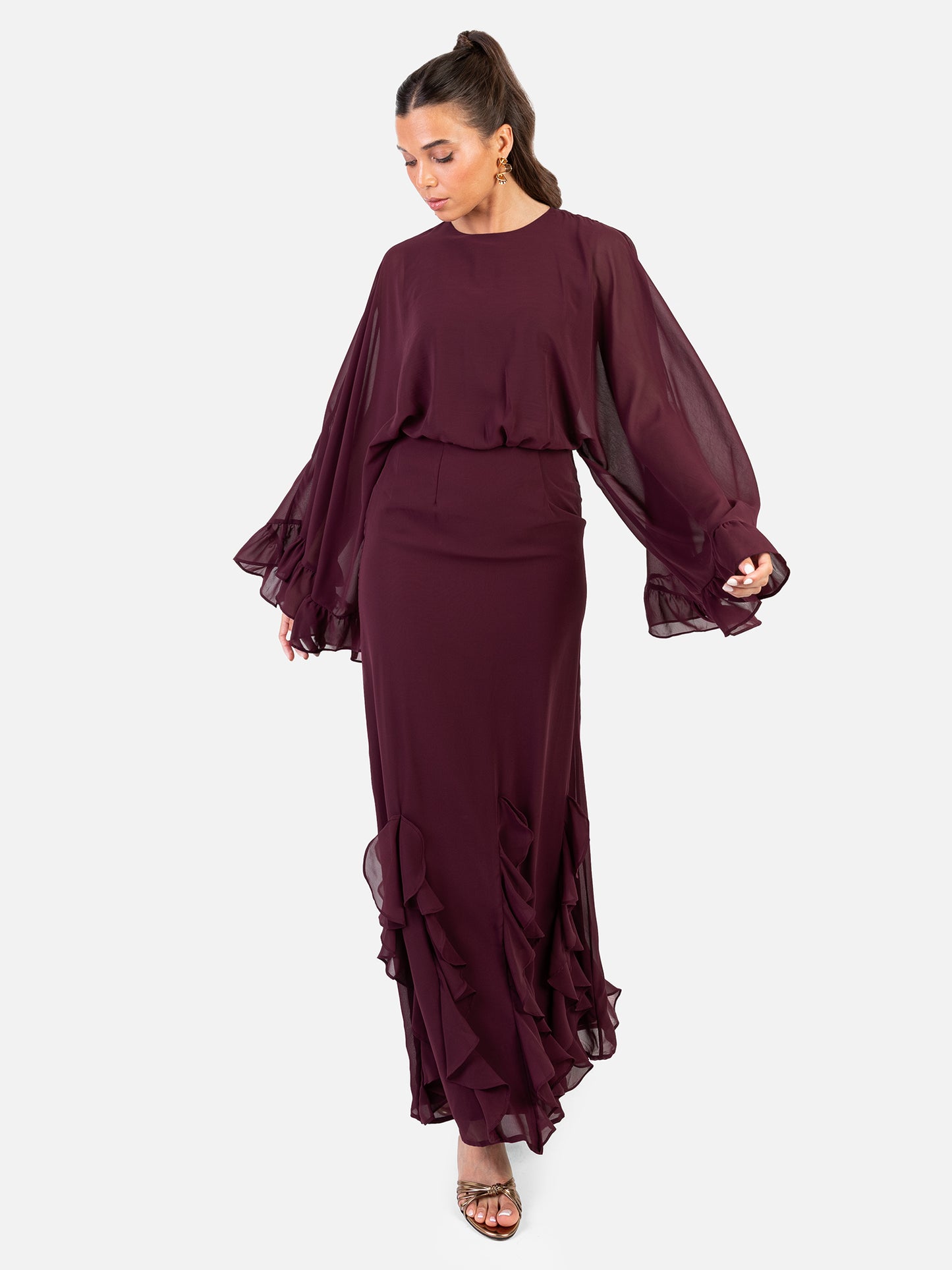 Anaya With Love Recycled Maroon Oversized Ruffle Sleeve Maxi Dress