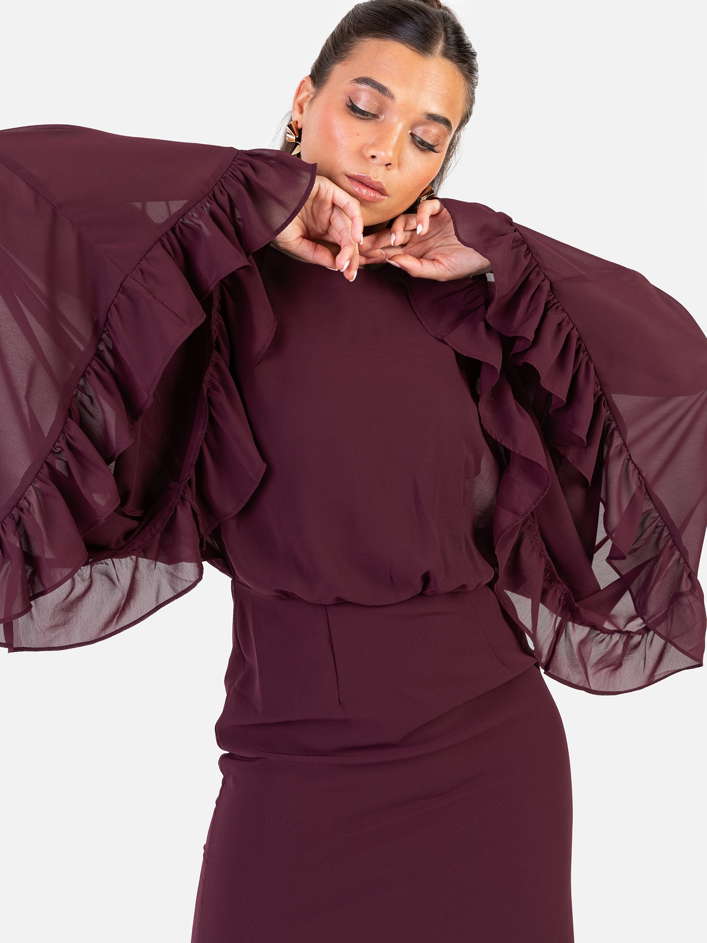 Anaya With Love Recycled Maroon Oversized Ruffle Sleeve Maxi Dress