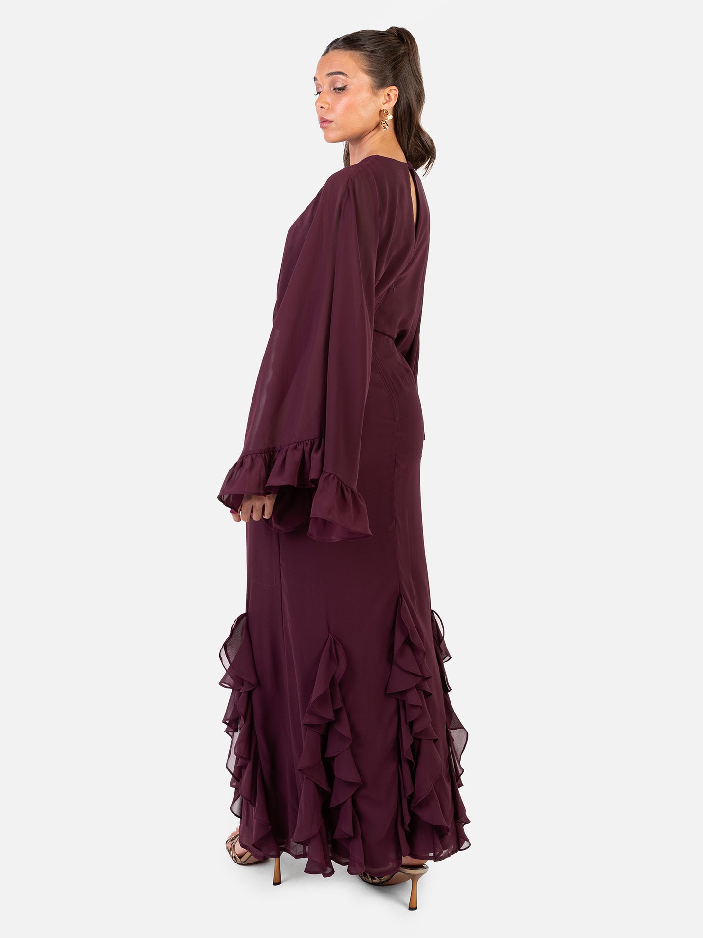 Anaya With Love Recycled Maroon Oversized Ruffle Sleeve Maxi Dress