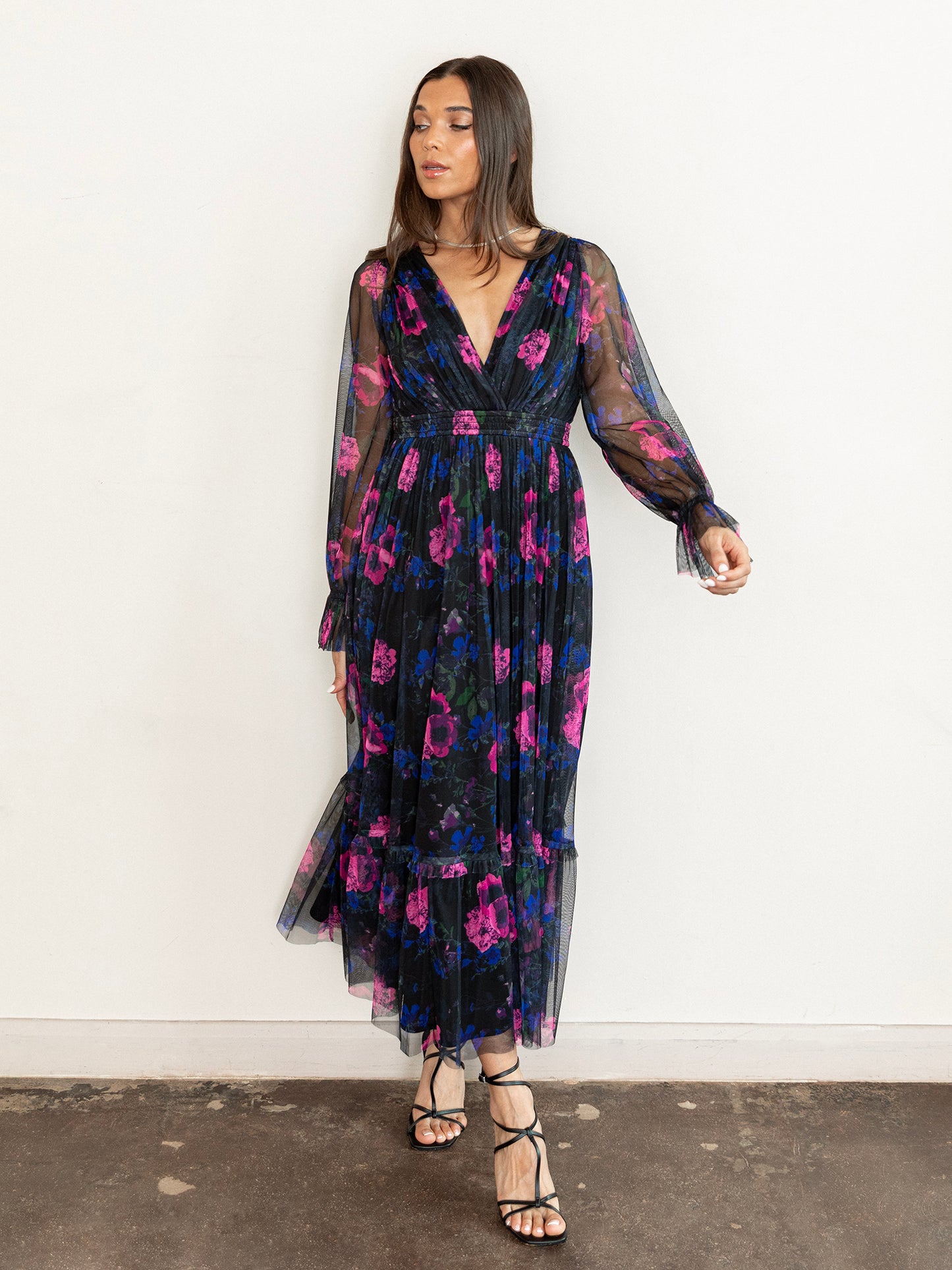 Anaya With Love Recycled Floral Plunge V Neck Tiered Tulle Midaxi Dress
