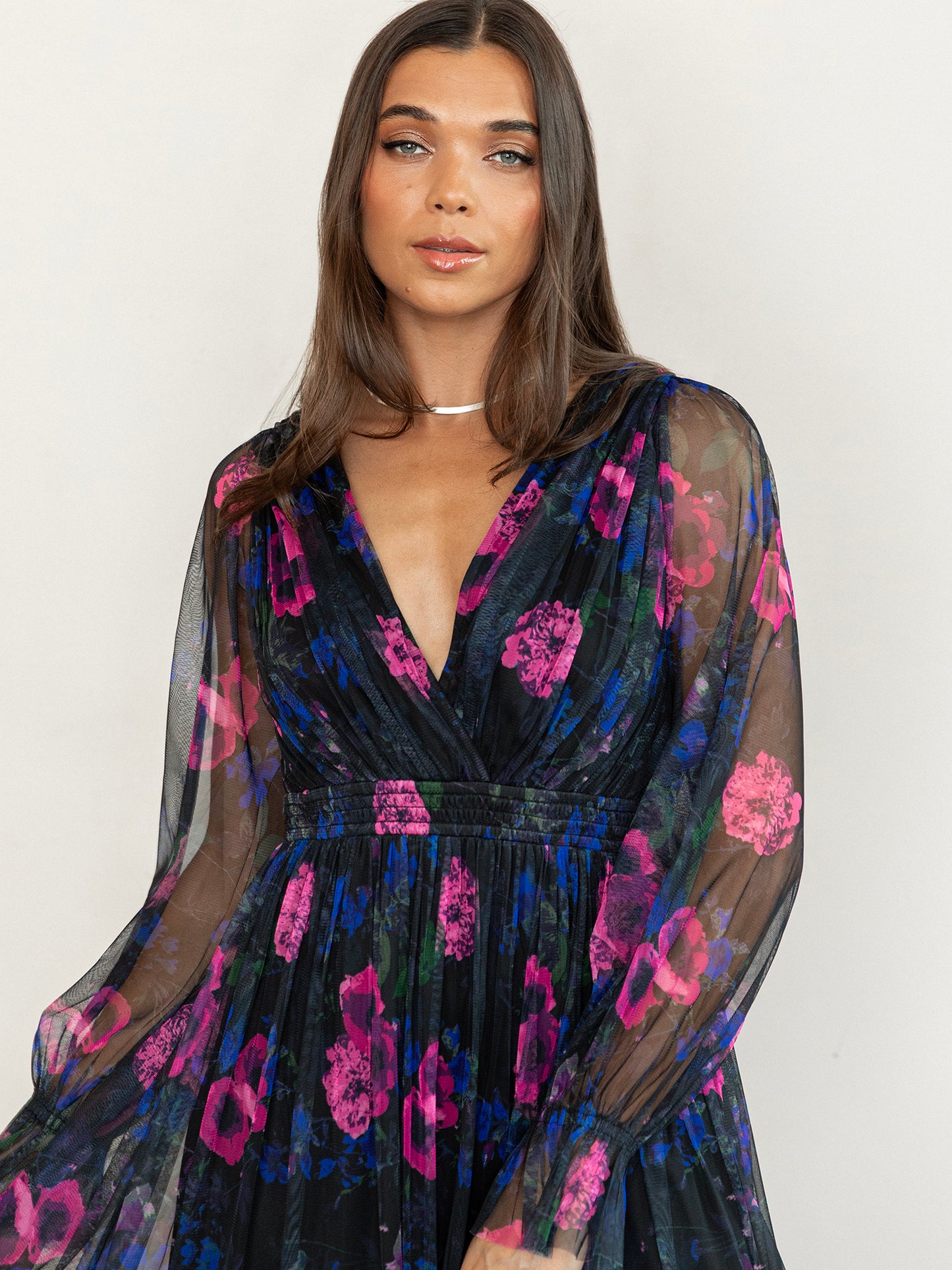 Anaya With Love Recycled Floral Plunge V Neck Tiered Tulle Midaxi Dress