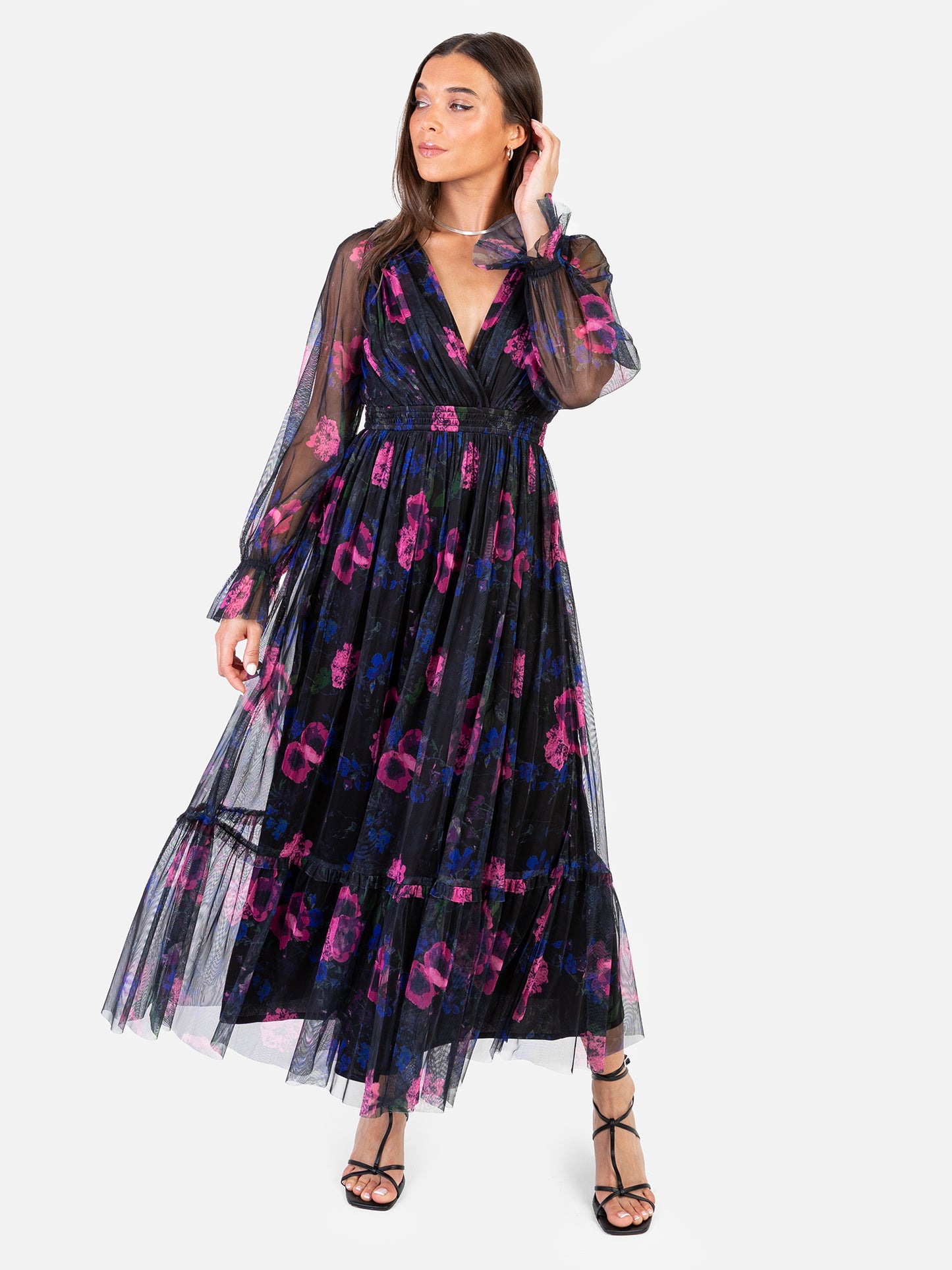 Anaya With Love Recycled Floral Plunge V Neck Tiered Tulle Midaxi Dress