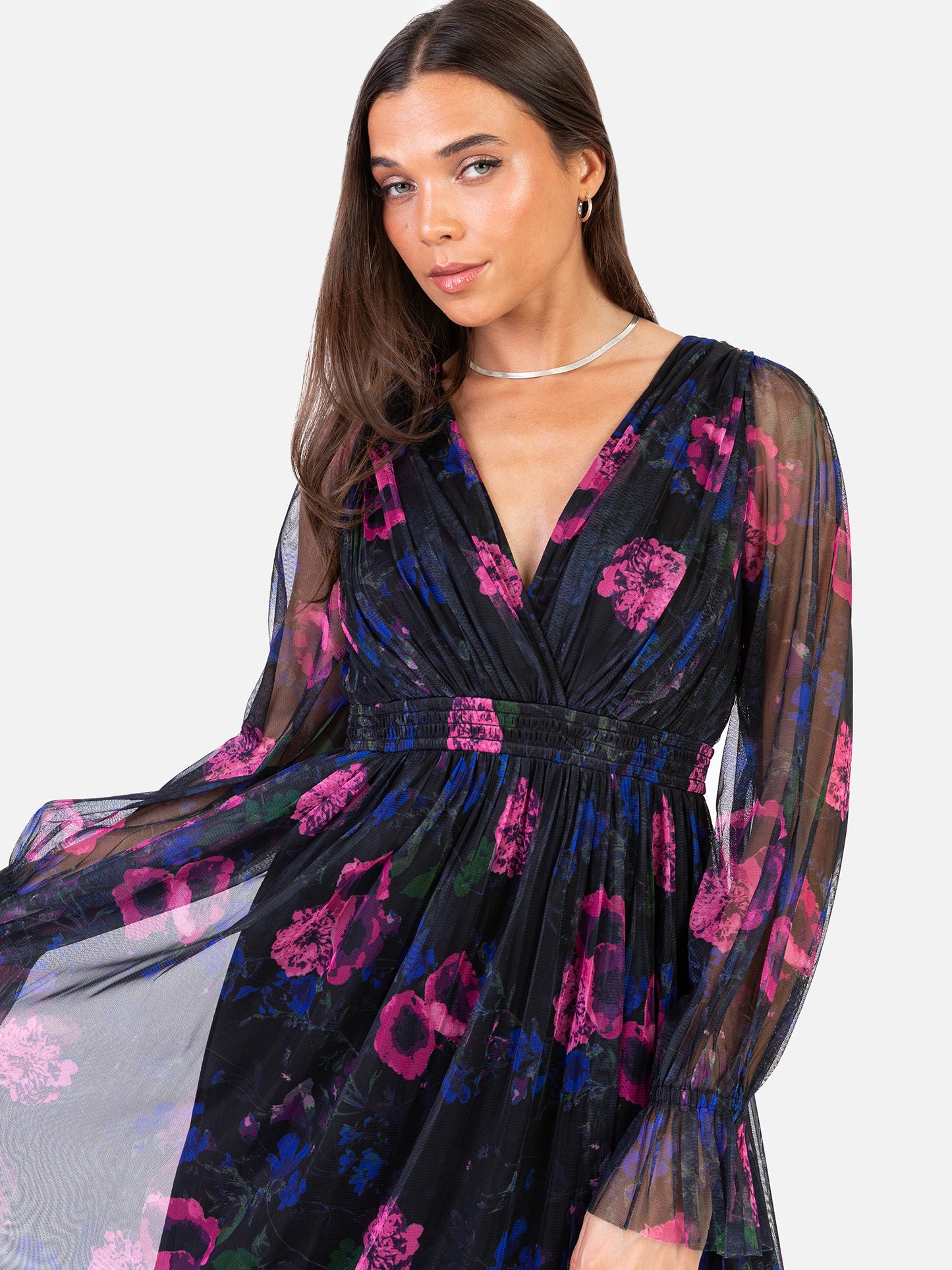 Anaya With Love Recycled Floral Plunge V Neck Tiered Tulle Midaxi Dress