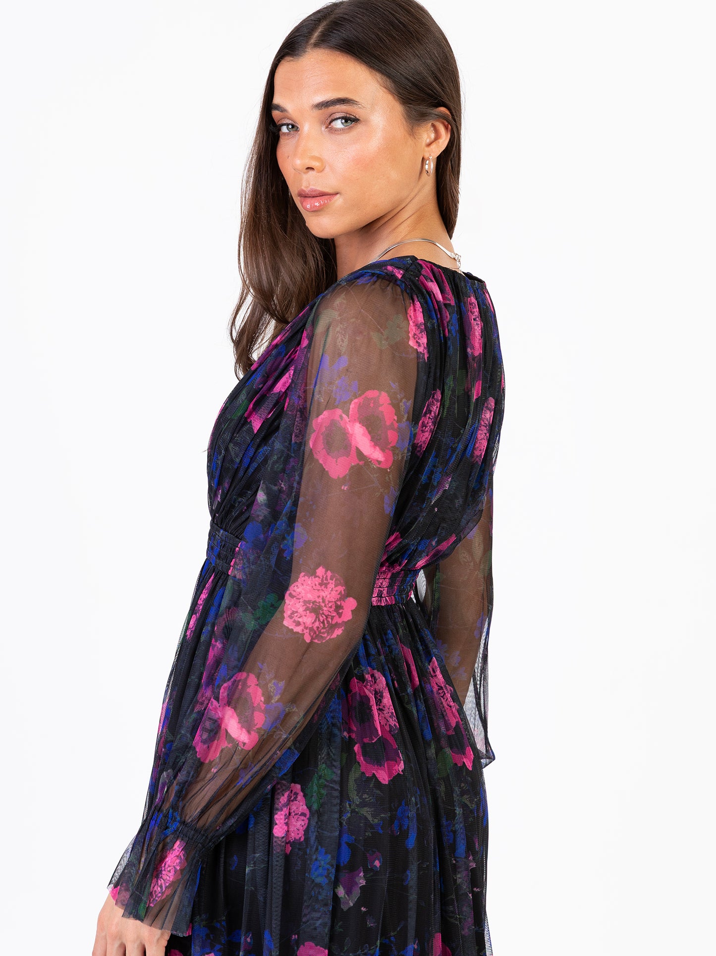 Anaya With Love Recycled Floral Plunge V Neck Tiered Tulle Midaxi Dress