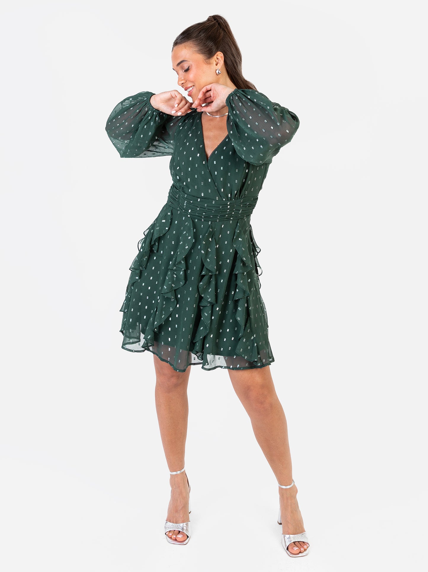 Anaya With Love Recycled Green Foil Chiffon Ruffle Mini Dress