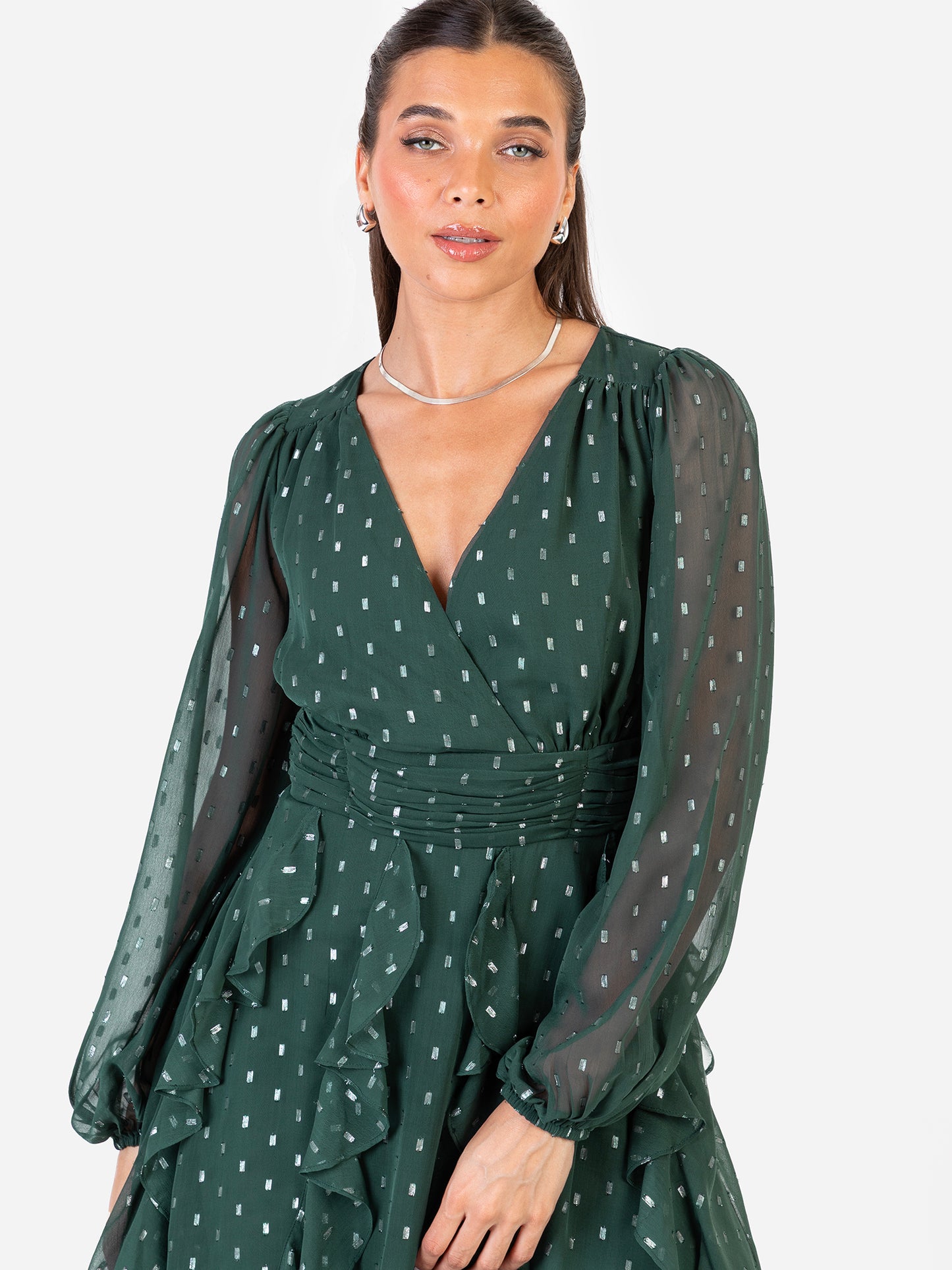 Anaya With Love Recycled Green Foil Chiffon Ruffle Mini Dress