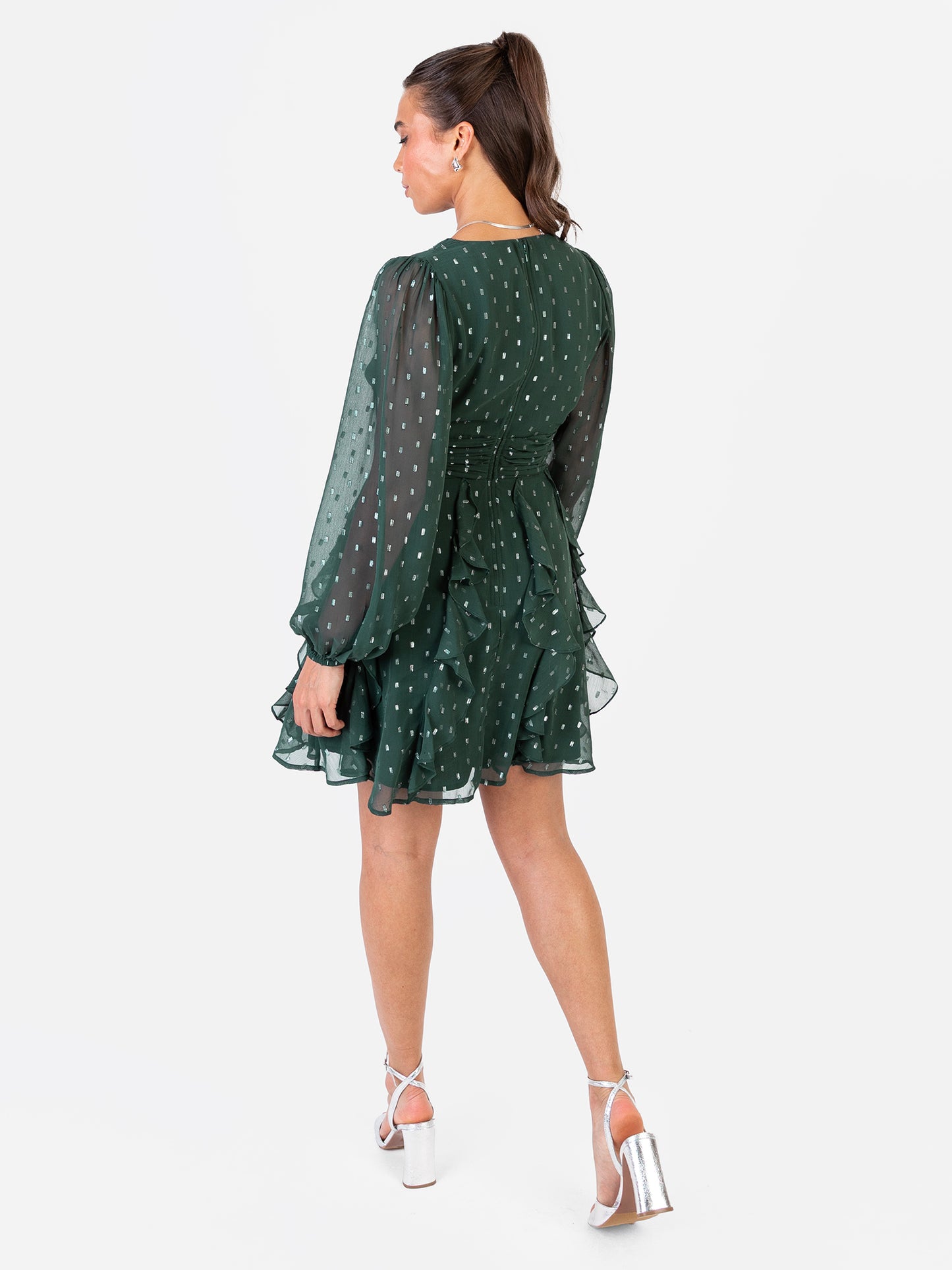 Anaya With Love Recycled Green Foil Chiffon Ruffle Mini Dress
