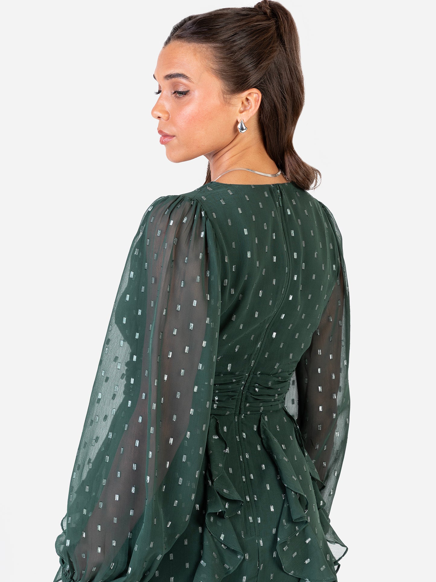 Anaya With Love Recycled Green Foil Chiffon Ruffle Mini Dress