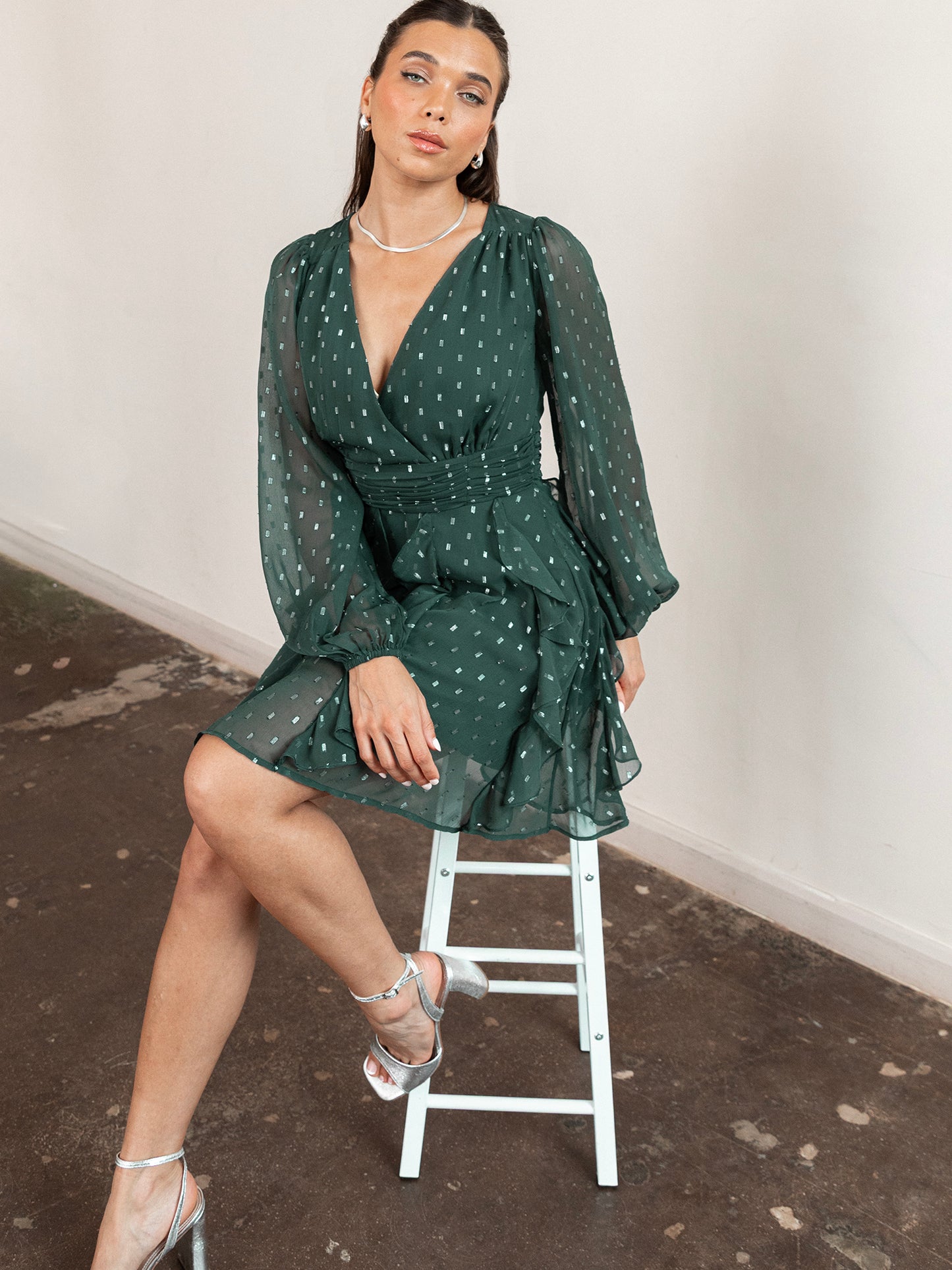 Anaya With Love Recycled Green Foil Chiffon Ruffle Mini Dress