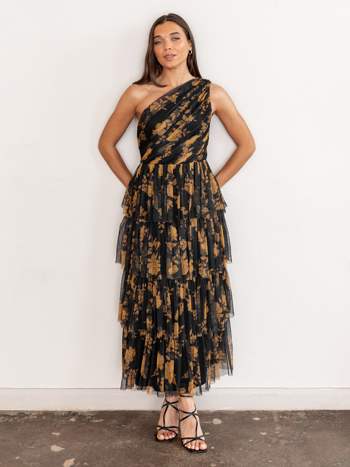 Anaya With Love Recycled Floral One Shoulder Tiered Midi Dress