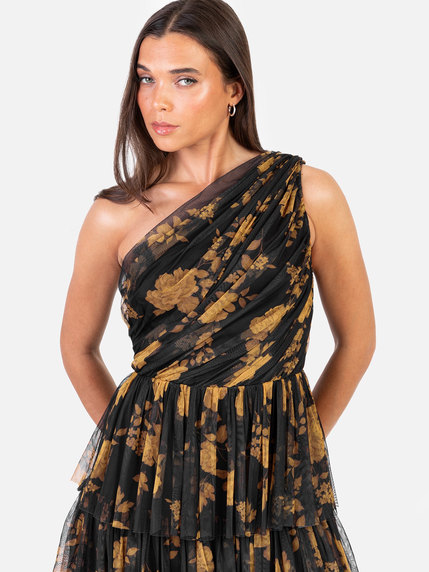 Anaya With Love Recycled Floral One Shoulder Tiered Midi Dress