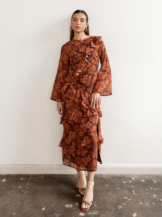 Anaya With Love Recycled Rust Floral Print Long Sleeve Ruffle Midaxi Dress