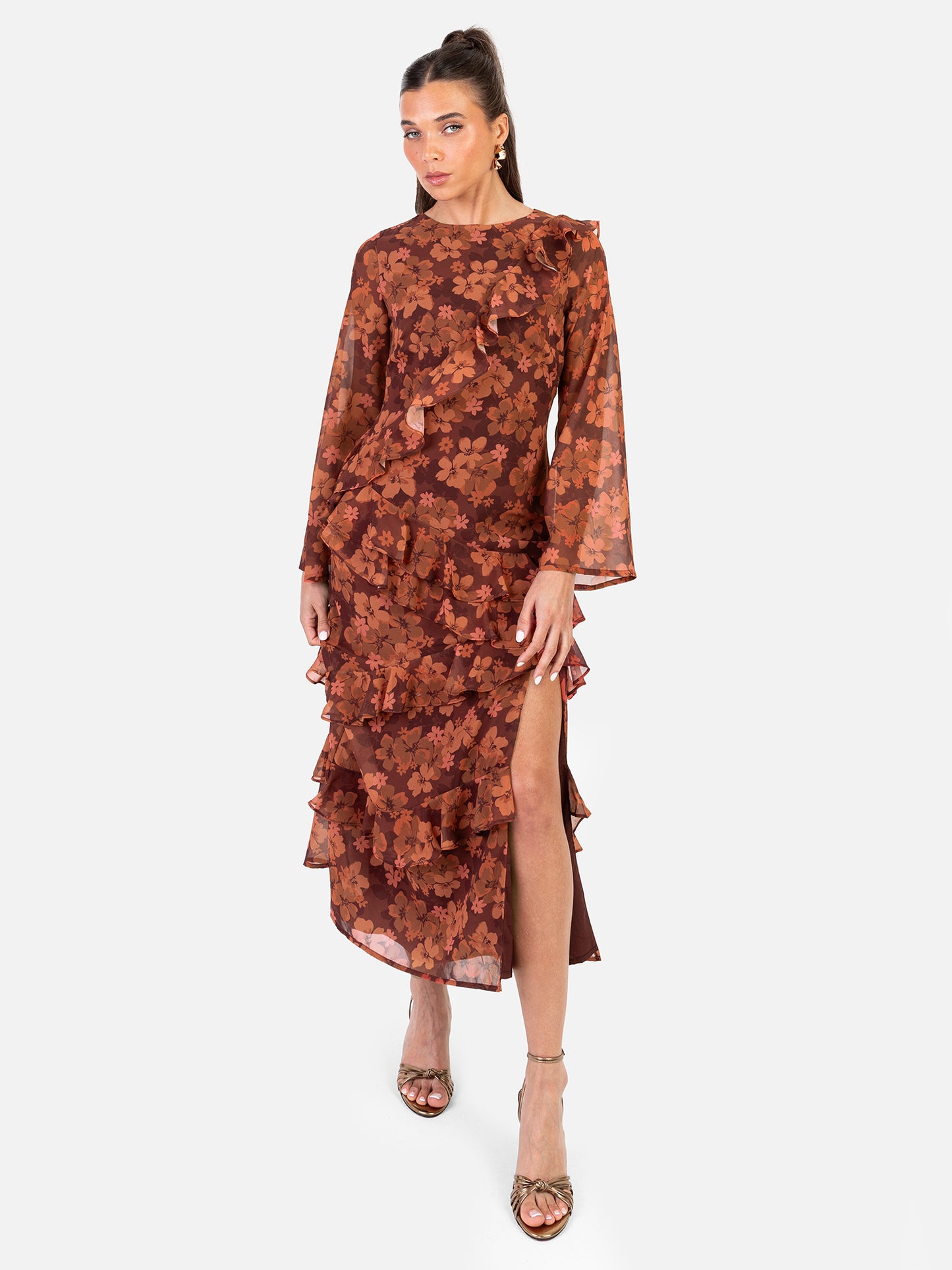 Anaya With Love Recycled Rust Floral Print Long Sleeve Ruffle Midaxi Dress