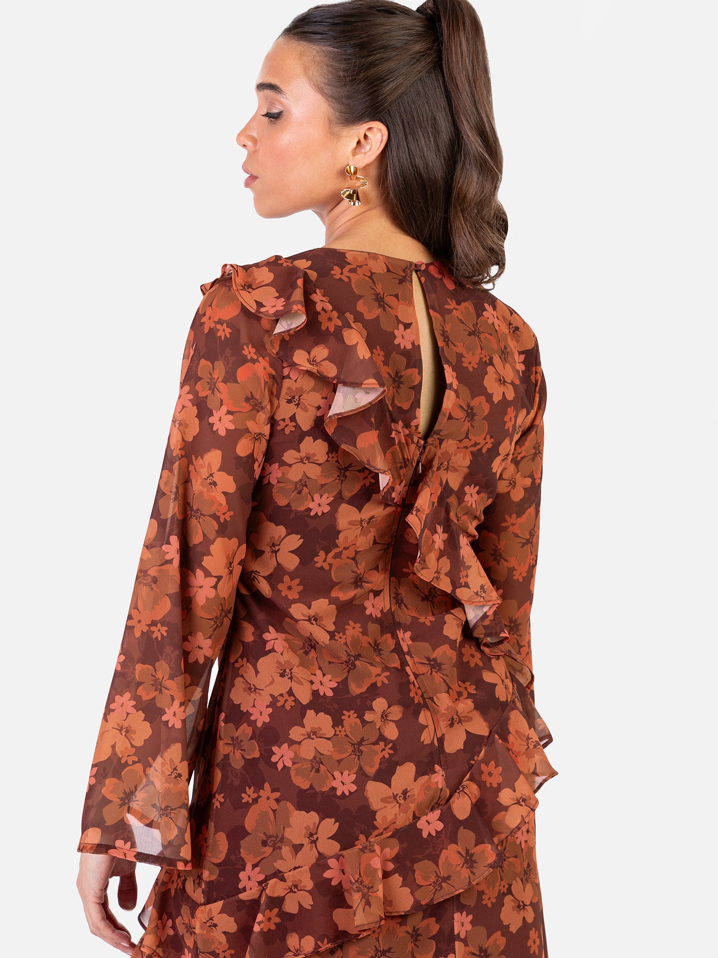 Anaya With Love Recycled Rust Floral Print Long Sleeve Ruffle Midaxi Dress