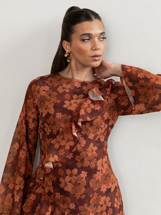 Anaya With Love Recycled Rust Floral Print Long Sleeve Ruffle Midaxi Dress
