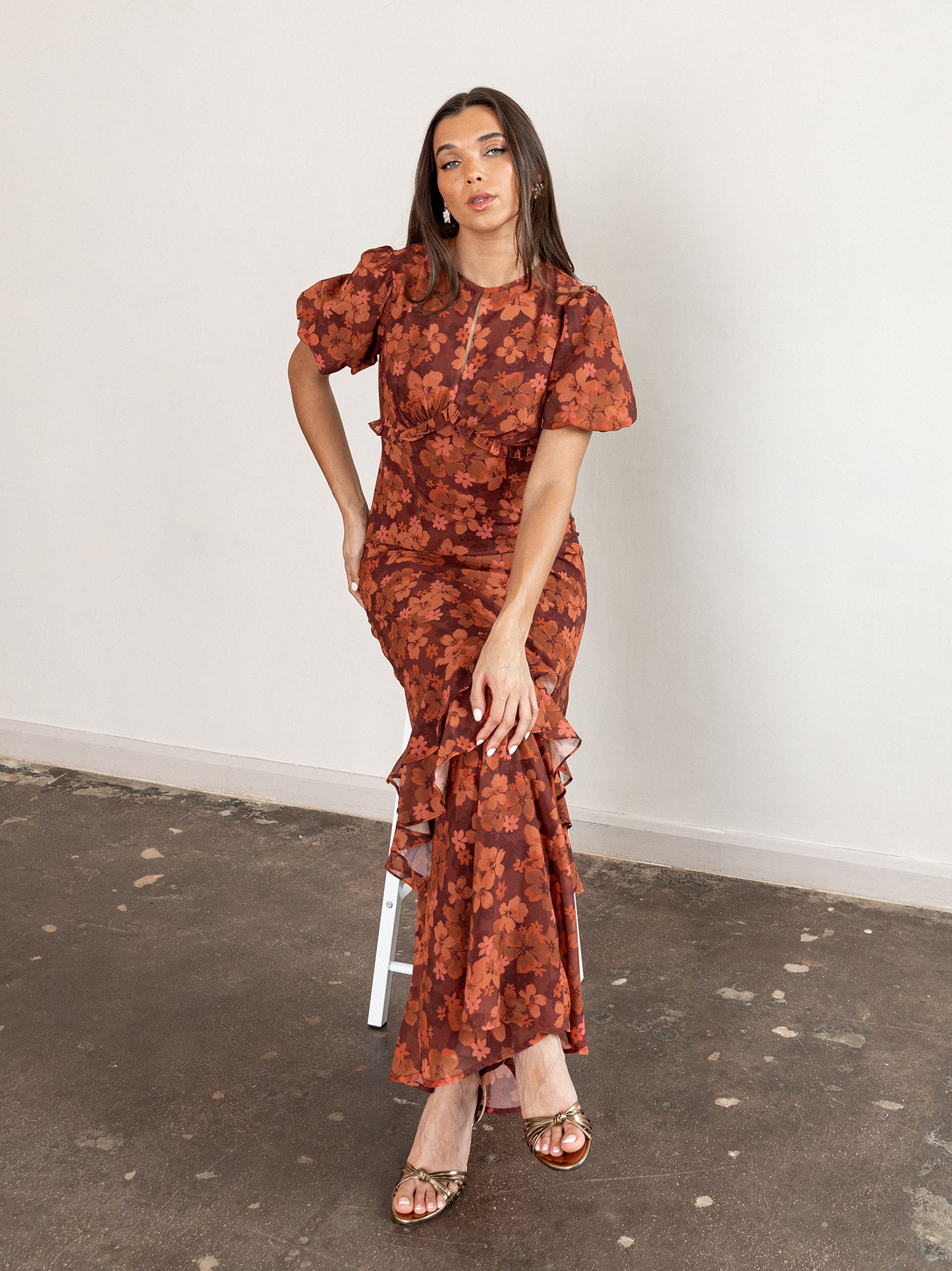 Anaya With Love Recycled Rust Floral Short Sleeve Maxi Dress