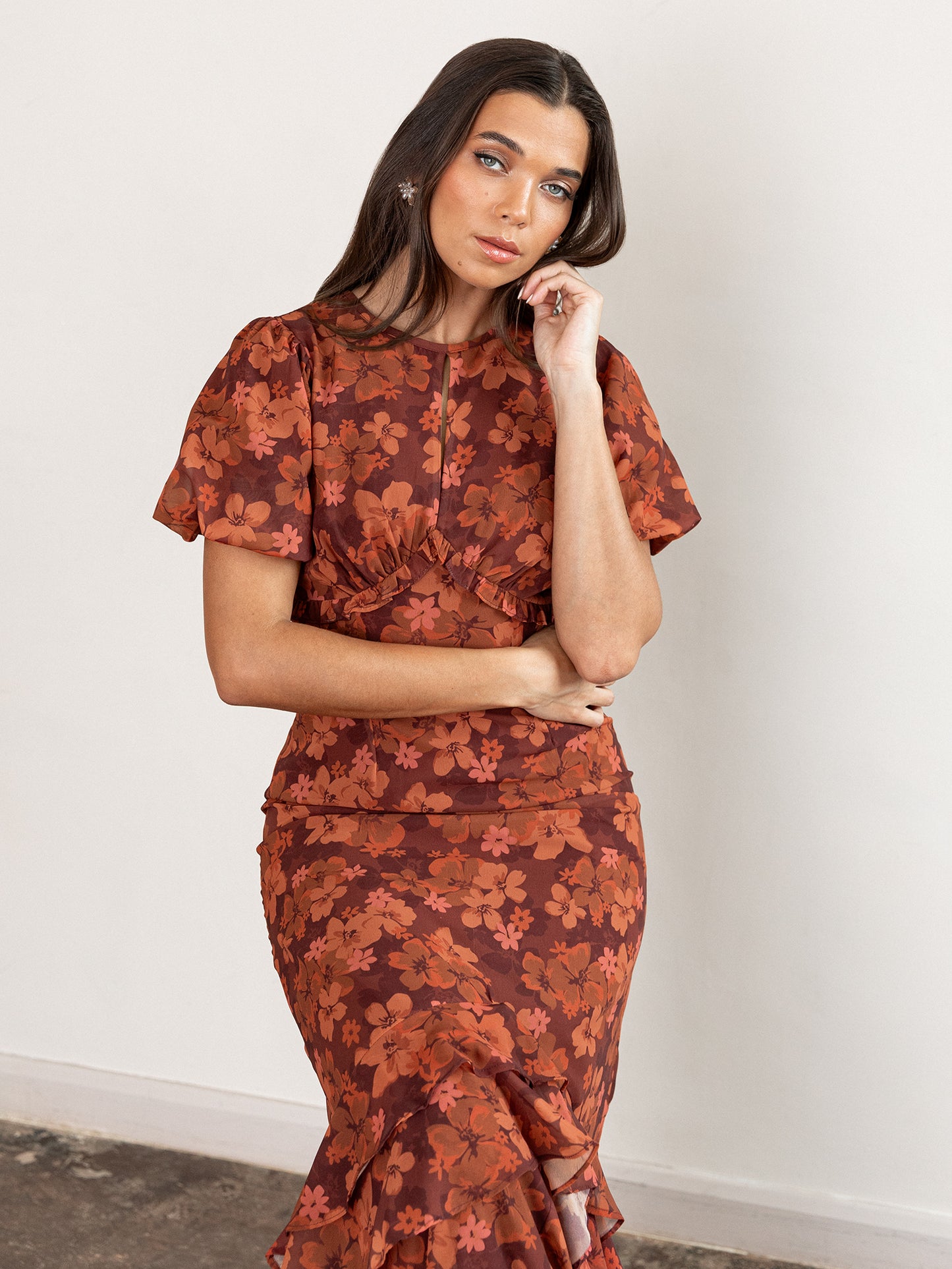 Anaya With Love Recycled Rust Floral Short Sleeve Maxi Dress