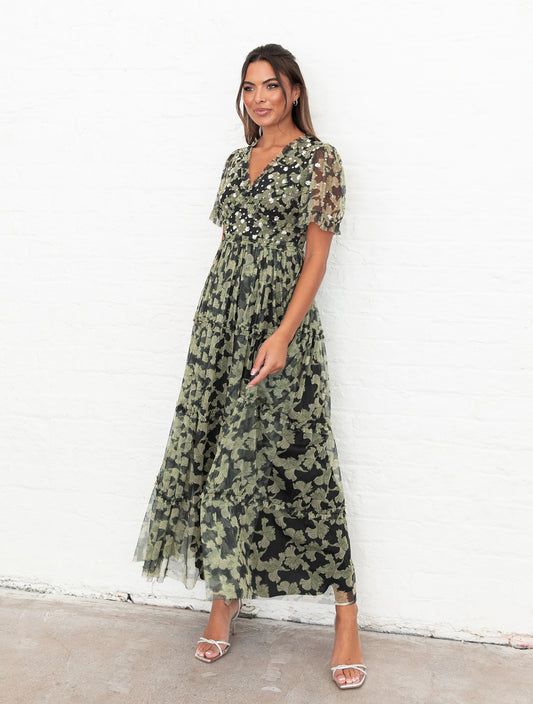 Anaya With Love Recycled Floral & Sequin V Neck Frill Maxi Dress