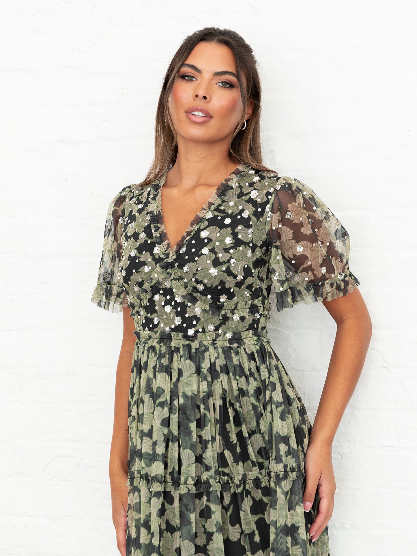 Anaya With Love Recycled Floral & Sequin V Neck Frill Maxi Dress