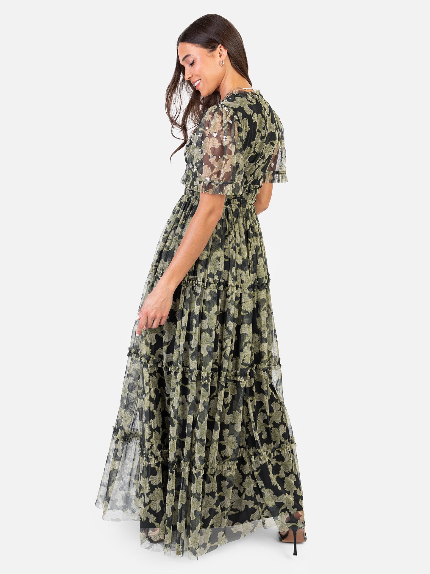 Anaya With Love Recycled Floral & Sequin V Neck Frill Maxi Dress