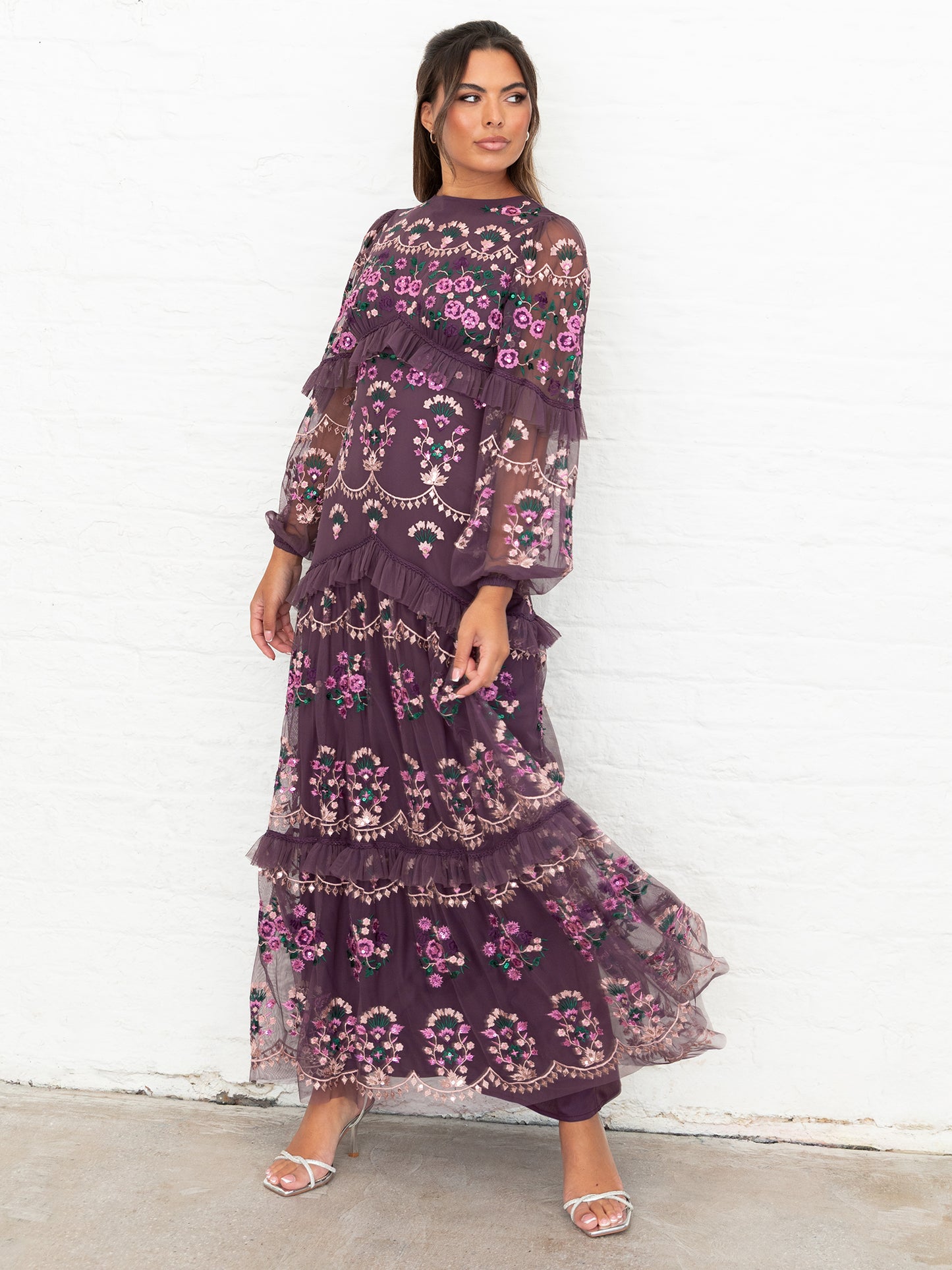 Maya Berry Fully Embroidered Long Sleeve Maxi Dress with Frill Detail