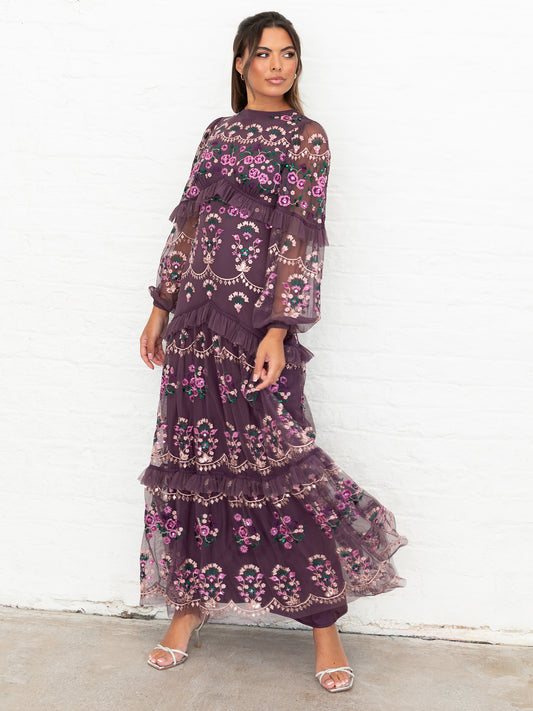 Maya Berry Fully Embroidered Long Sleeve Maxi Dress with Frill Detail