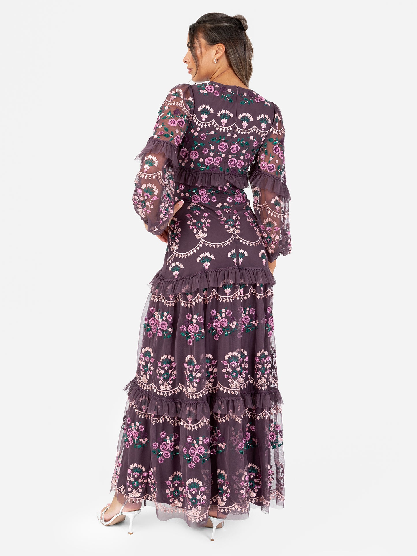 Maya Berry Fully Embroidered Long Sleeve Maxi Dress with Frill Detail