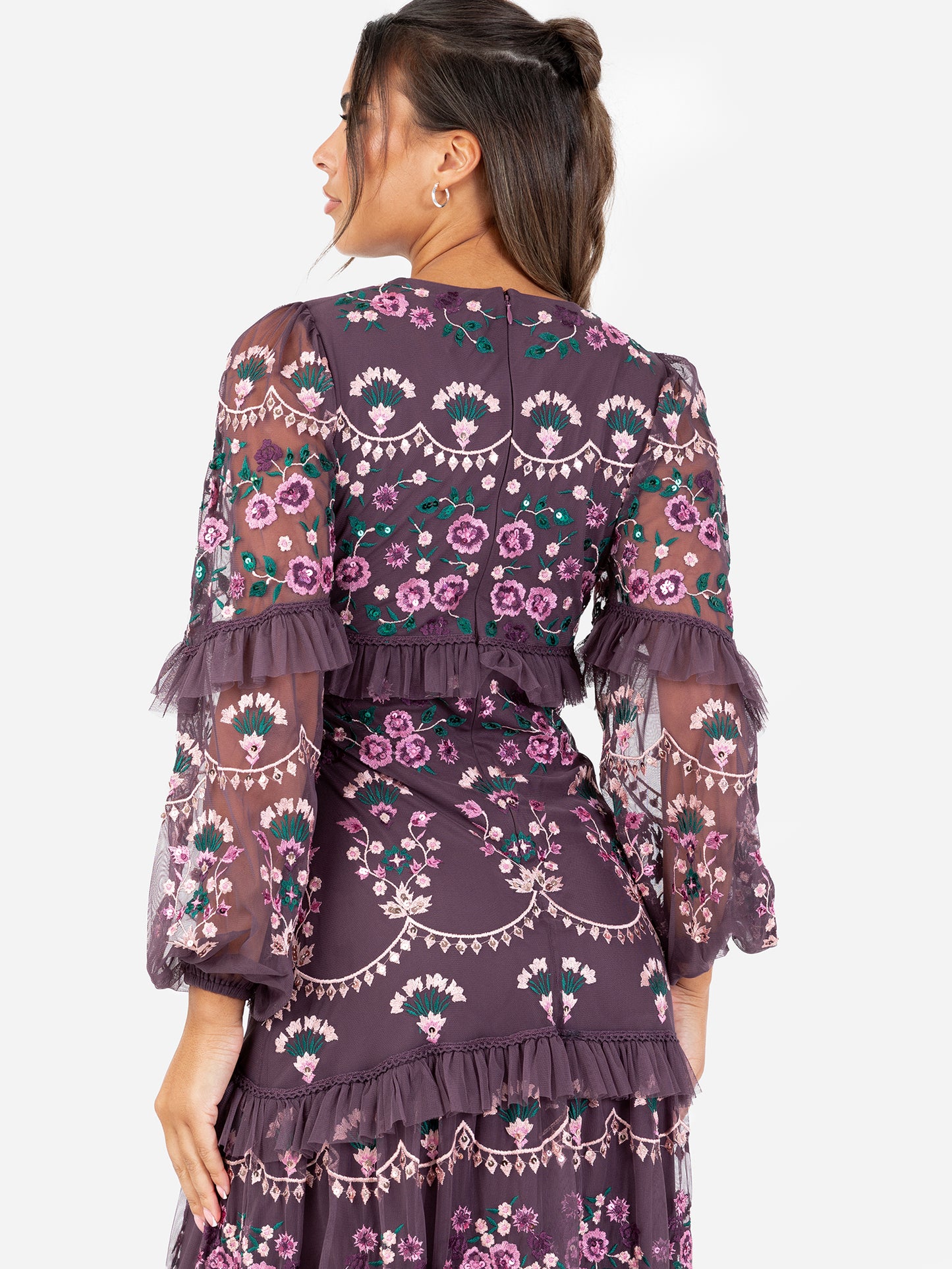 Maya Berry Fully Embroidered Long Sleeve Maxi Dress with Frill Detail