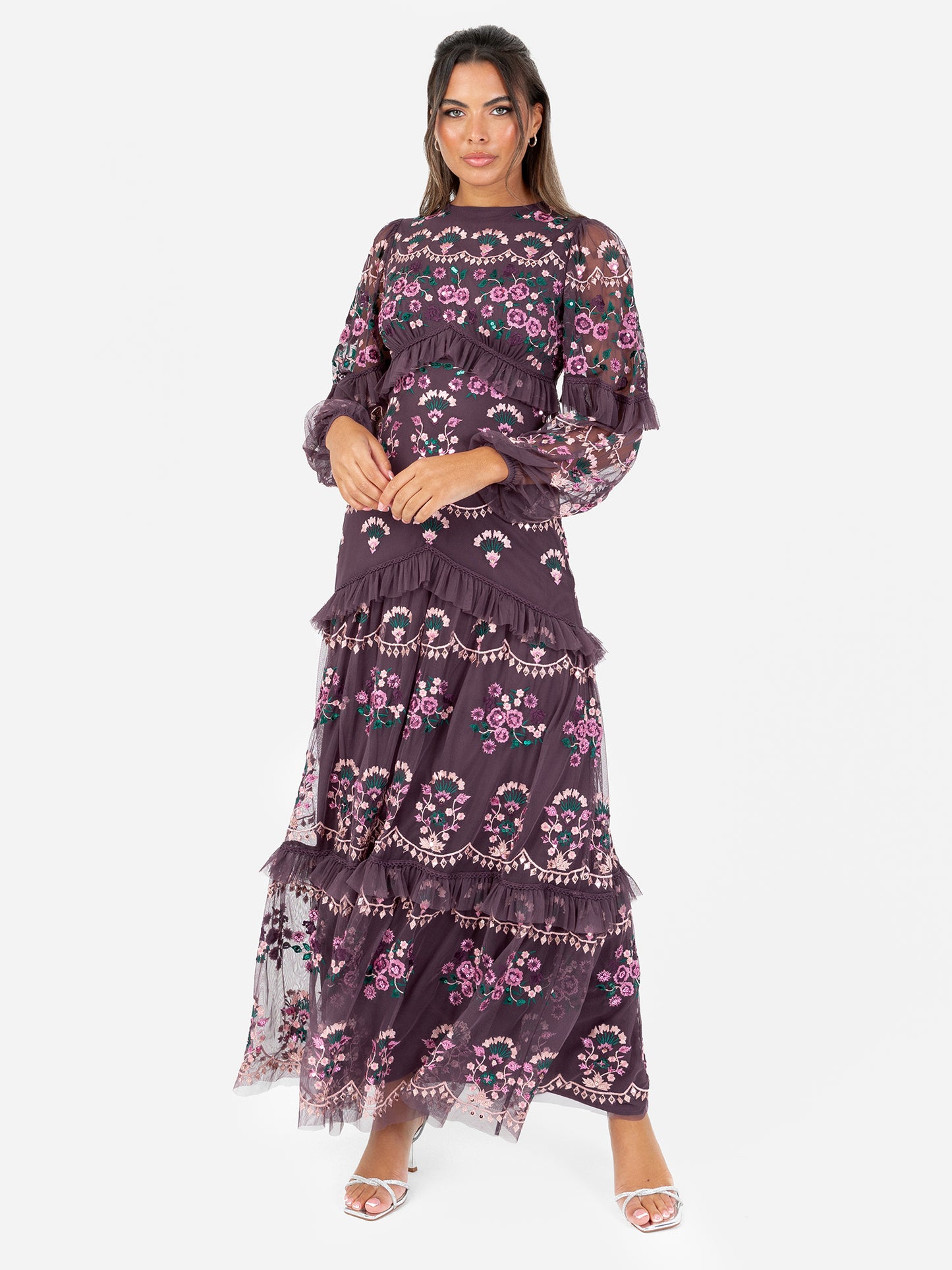 Maya Berry Fully Embroidered Long Sleeve Maxi Dress with Frill Detail