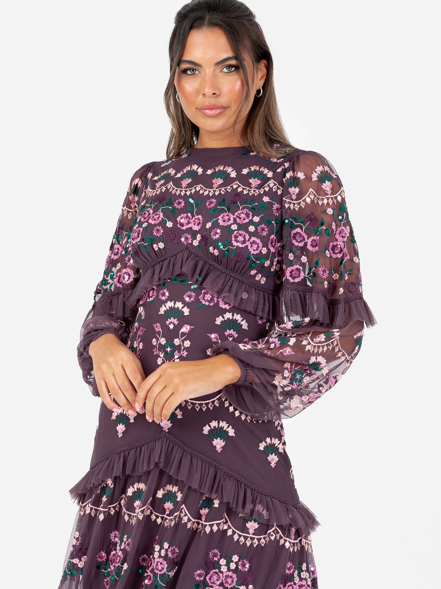 Maya Berry Fully Embroidered Long Sleeve Maxi Dress with Frill Detail