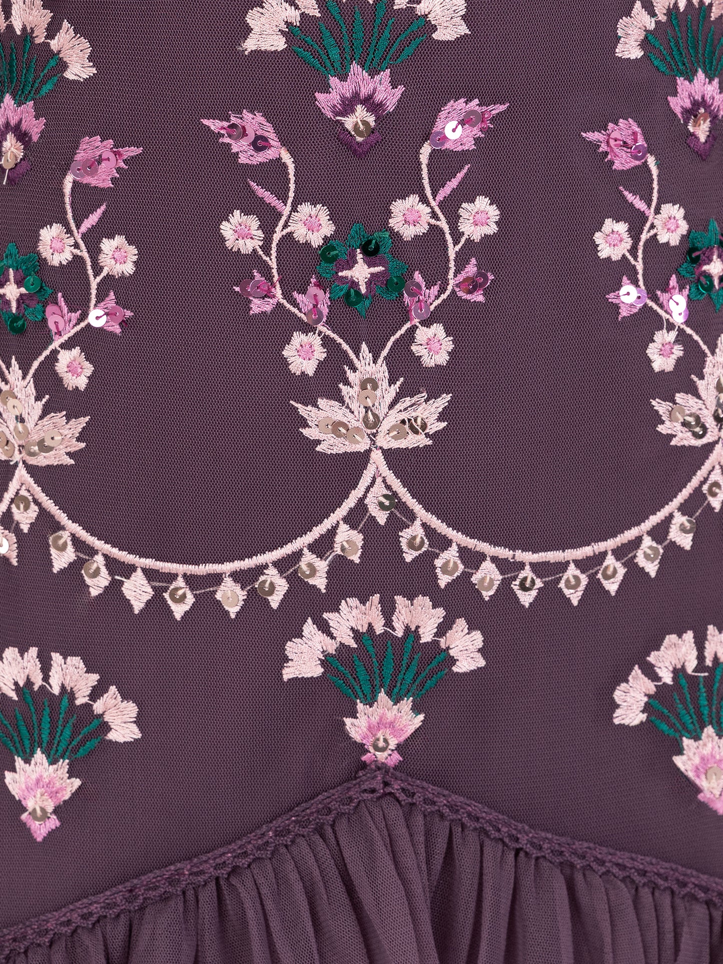 Maya Berry Fully Embroidered Long Sleeve Maxi Dress with Frill Detail