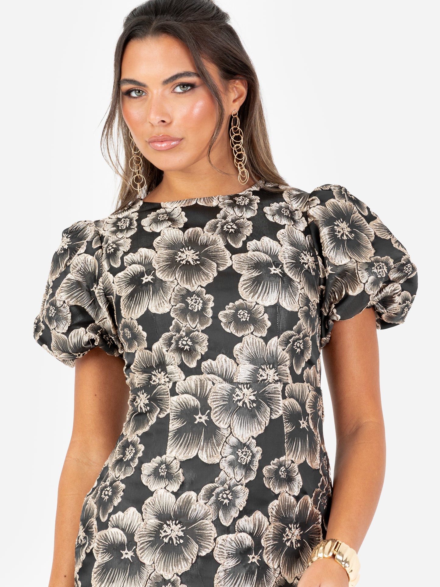 Maya Black & Gold Floral Jacquard Keyhole Back Mini Dress