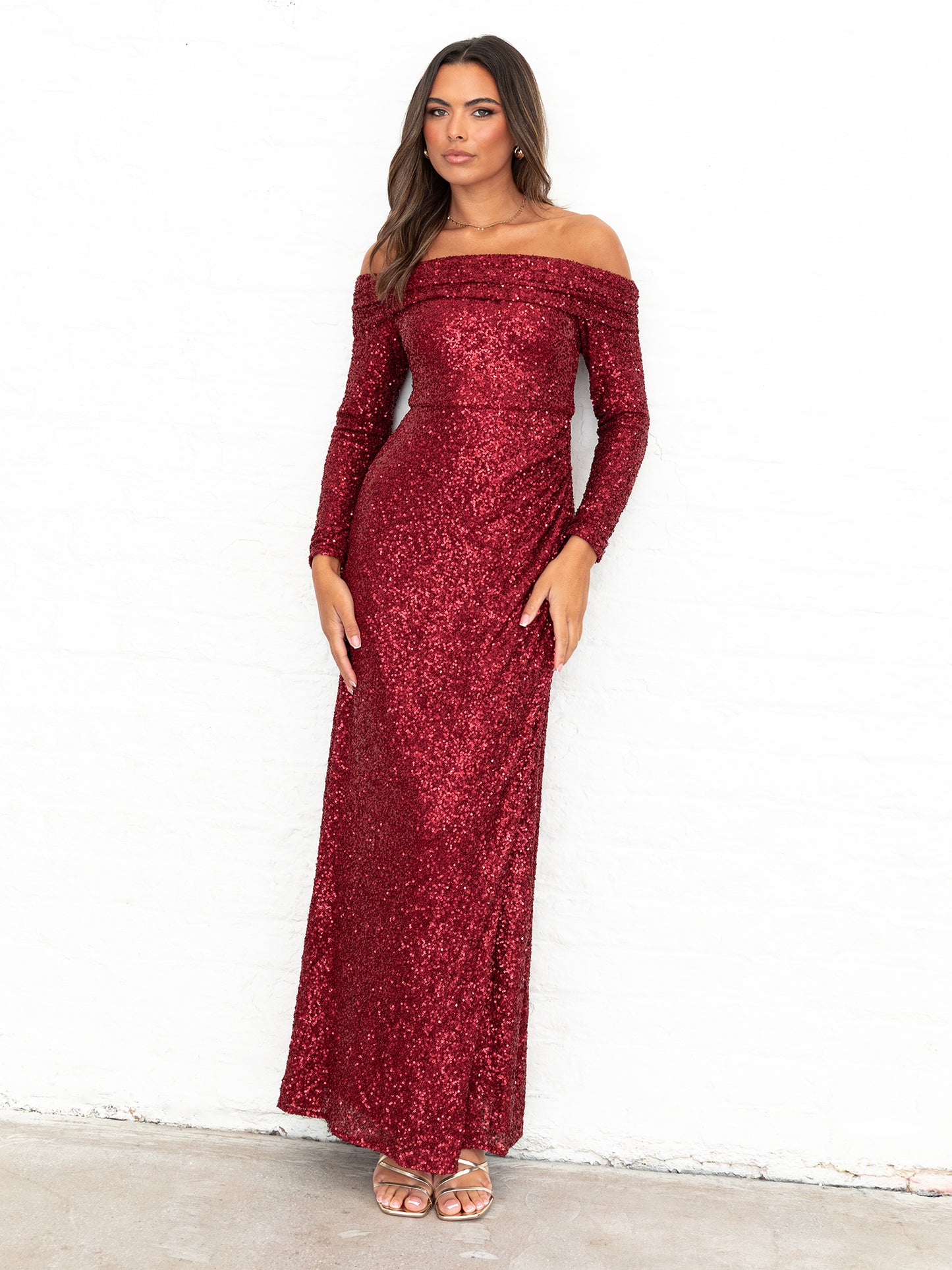 Maya Fully Embellished Red Long Sleeve Bardot Maxi Dress