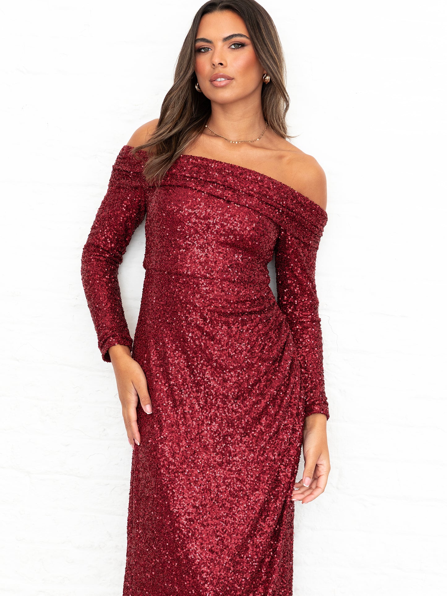 Maya Fully Embellished Red Long Sleeve Bardot Maxi Dress