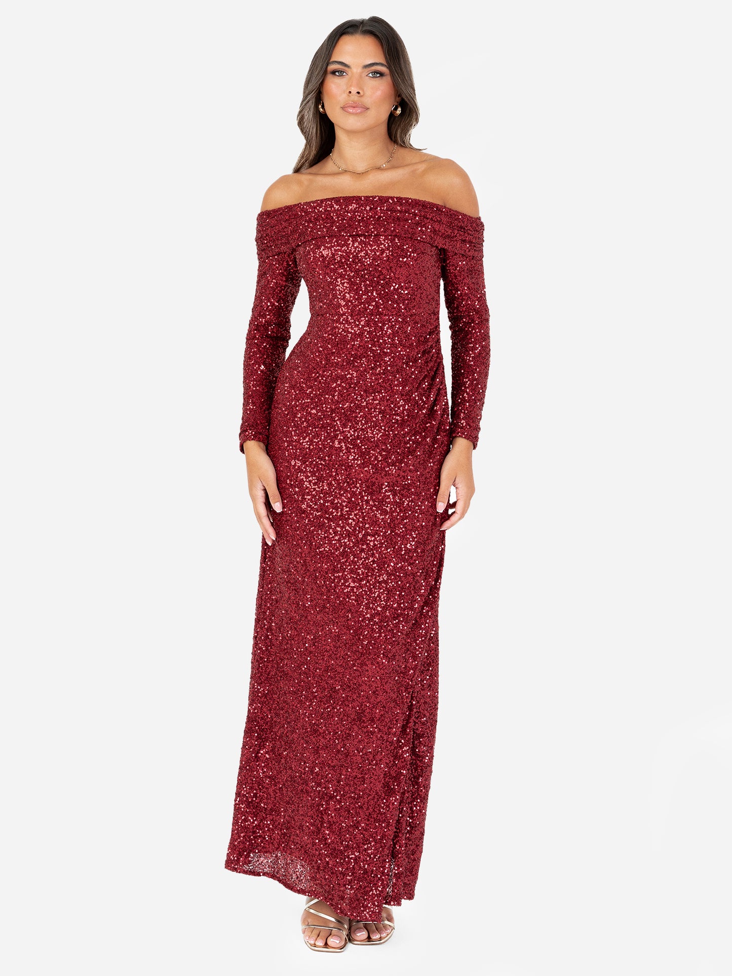 Maya Fully Embellished Red Long Sleeve Bardot Maxi Dress