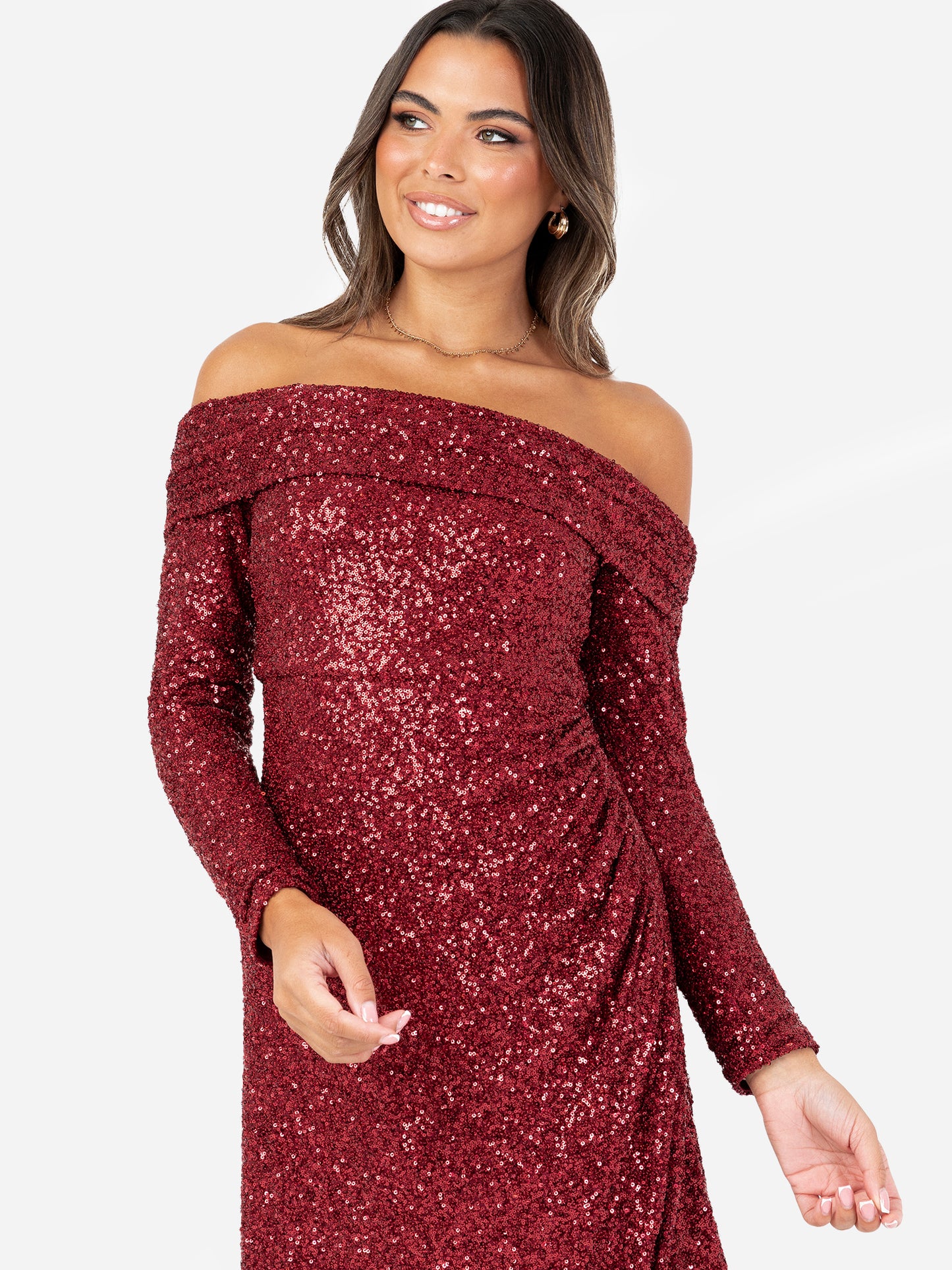 Maya Fully Embellished Red Long Sleeve Bardot Maxi Dress