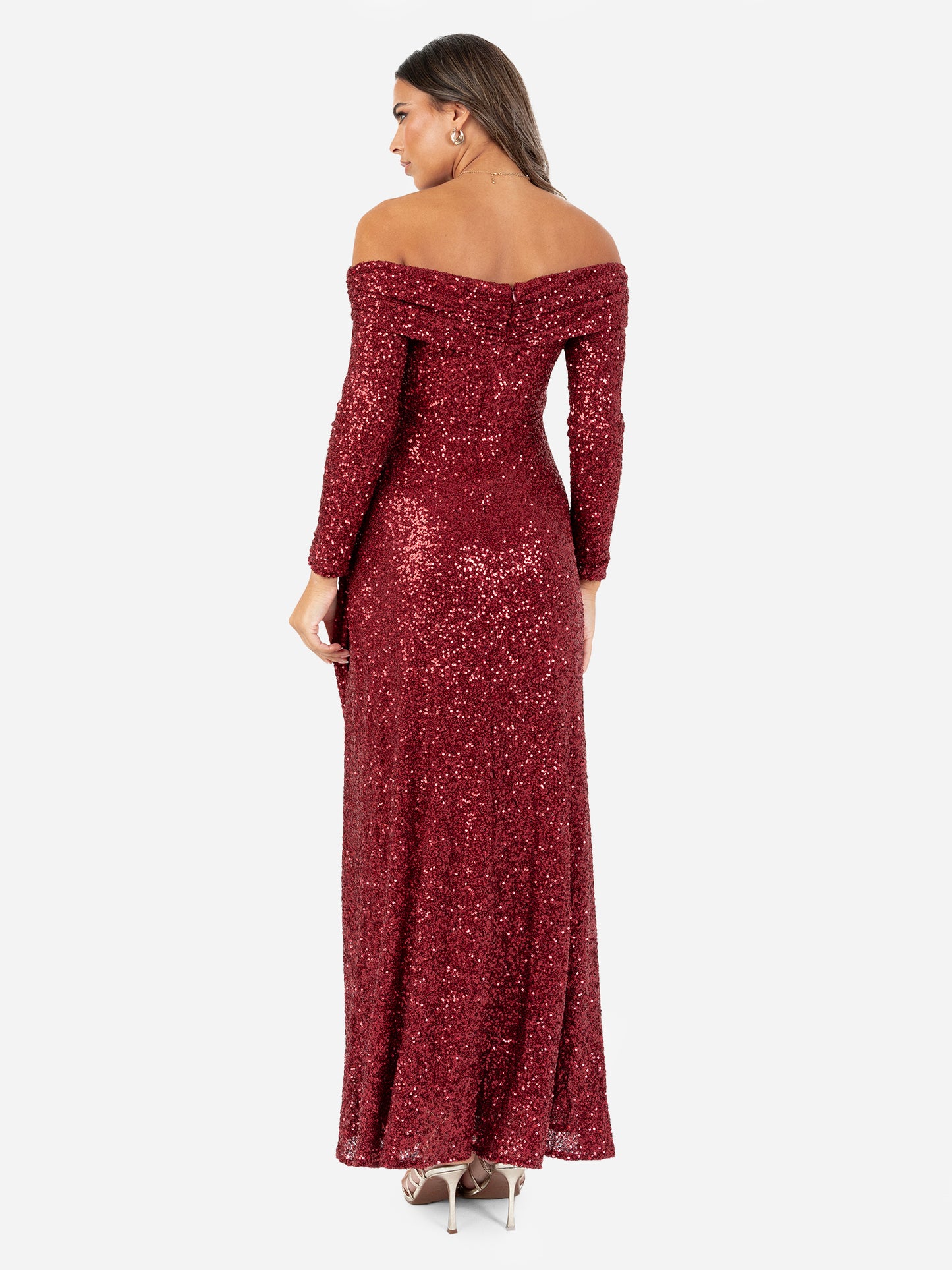 Maya Fully Embellished Red Long Sleeve Bardot Maxi Dress
