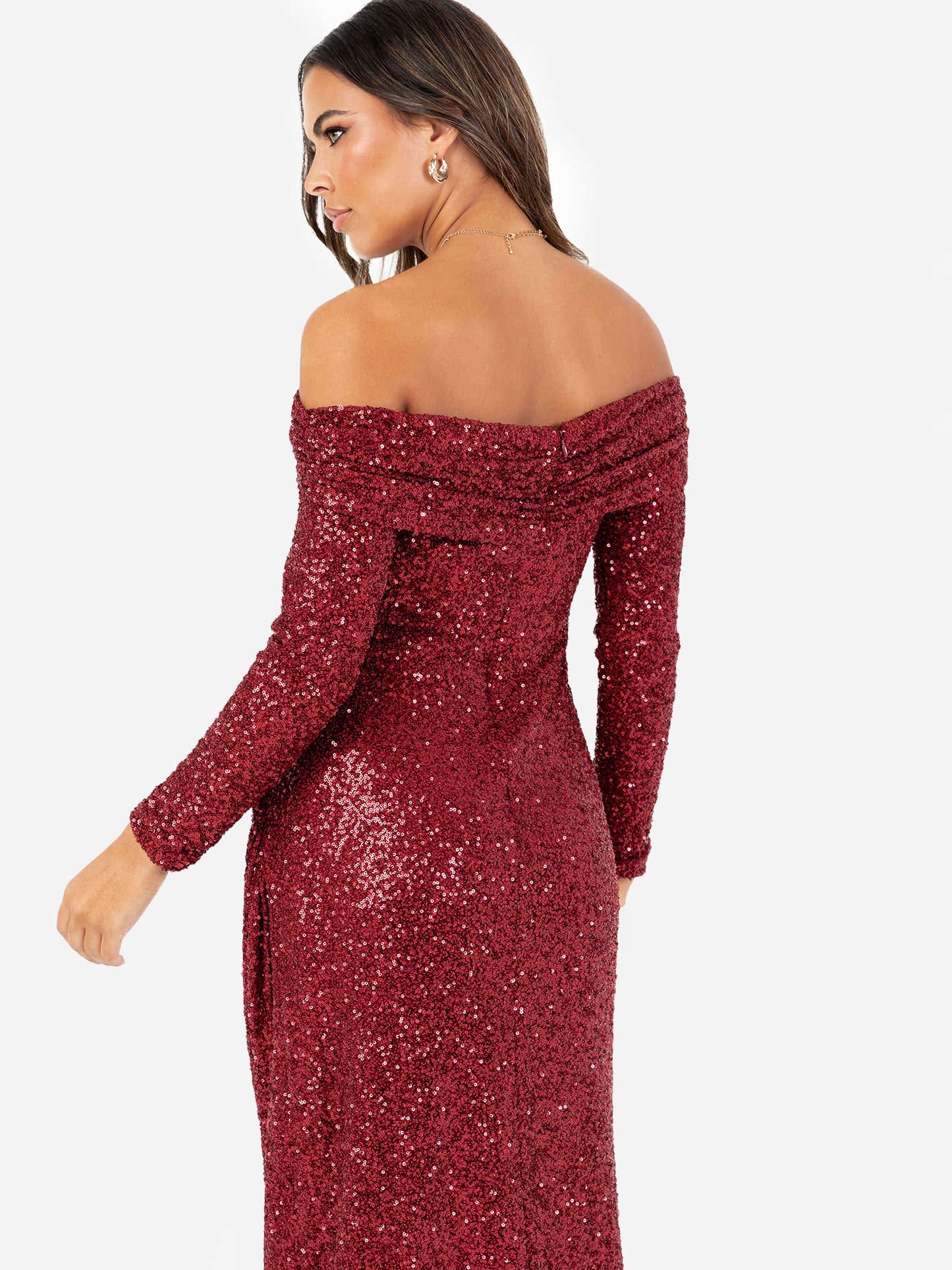 Maya Fully Embellished Red Long Sleeve Bardot Maxi Dress