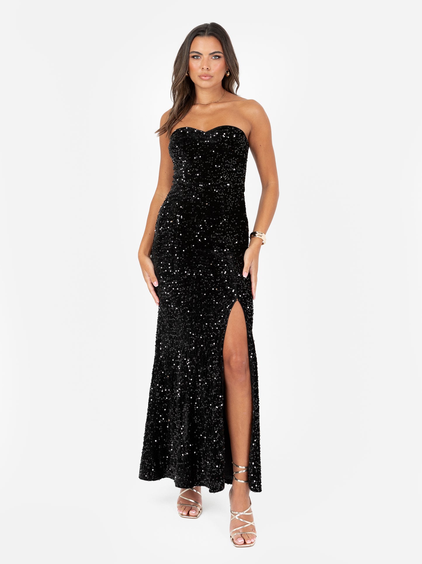 Maya Black Embellished Velvet Bandeau Maxi Dress