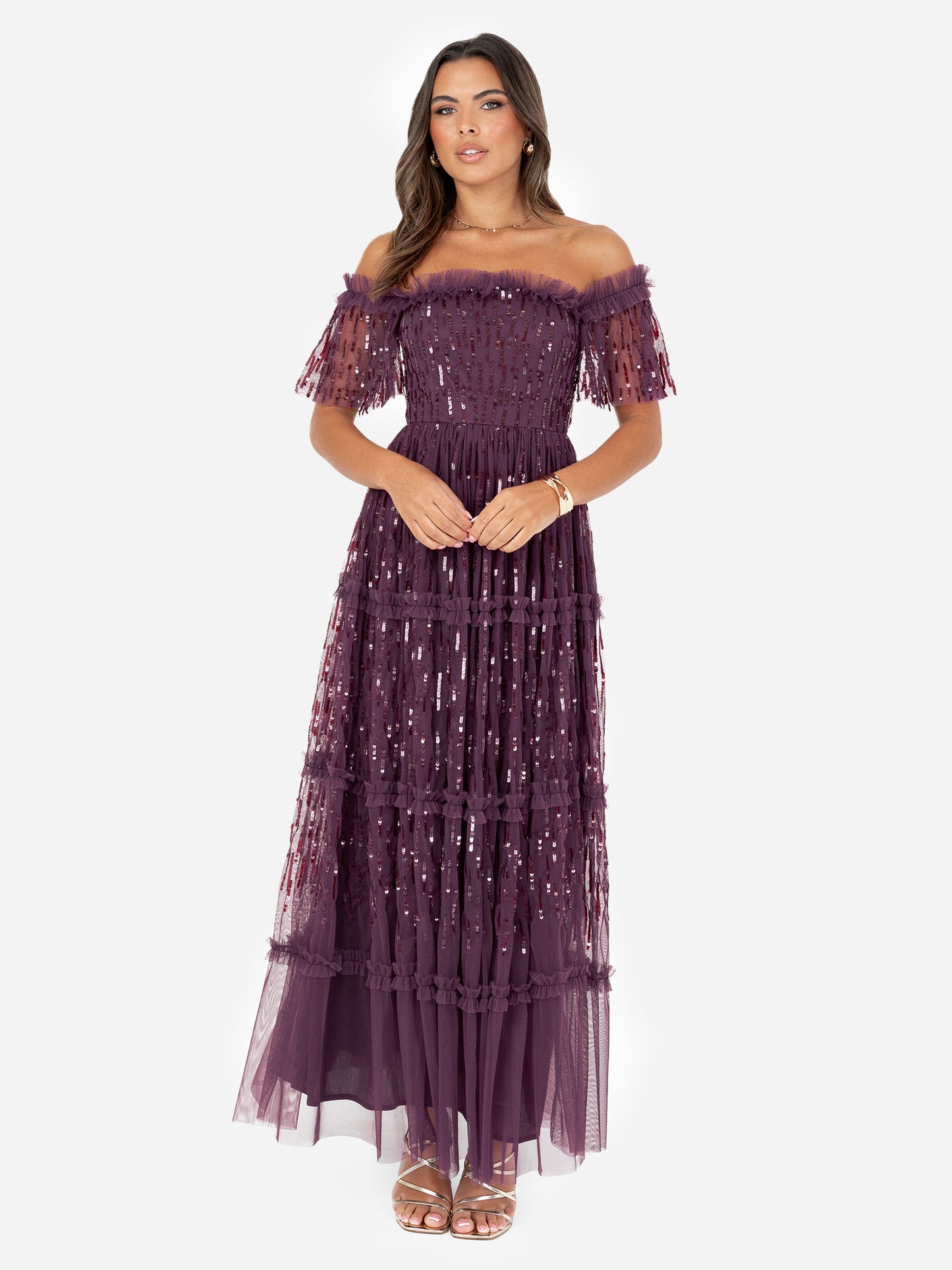 Maya Berry Linear Sequin Bardot Maxi Dress