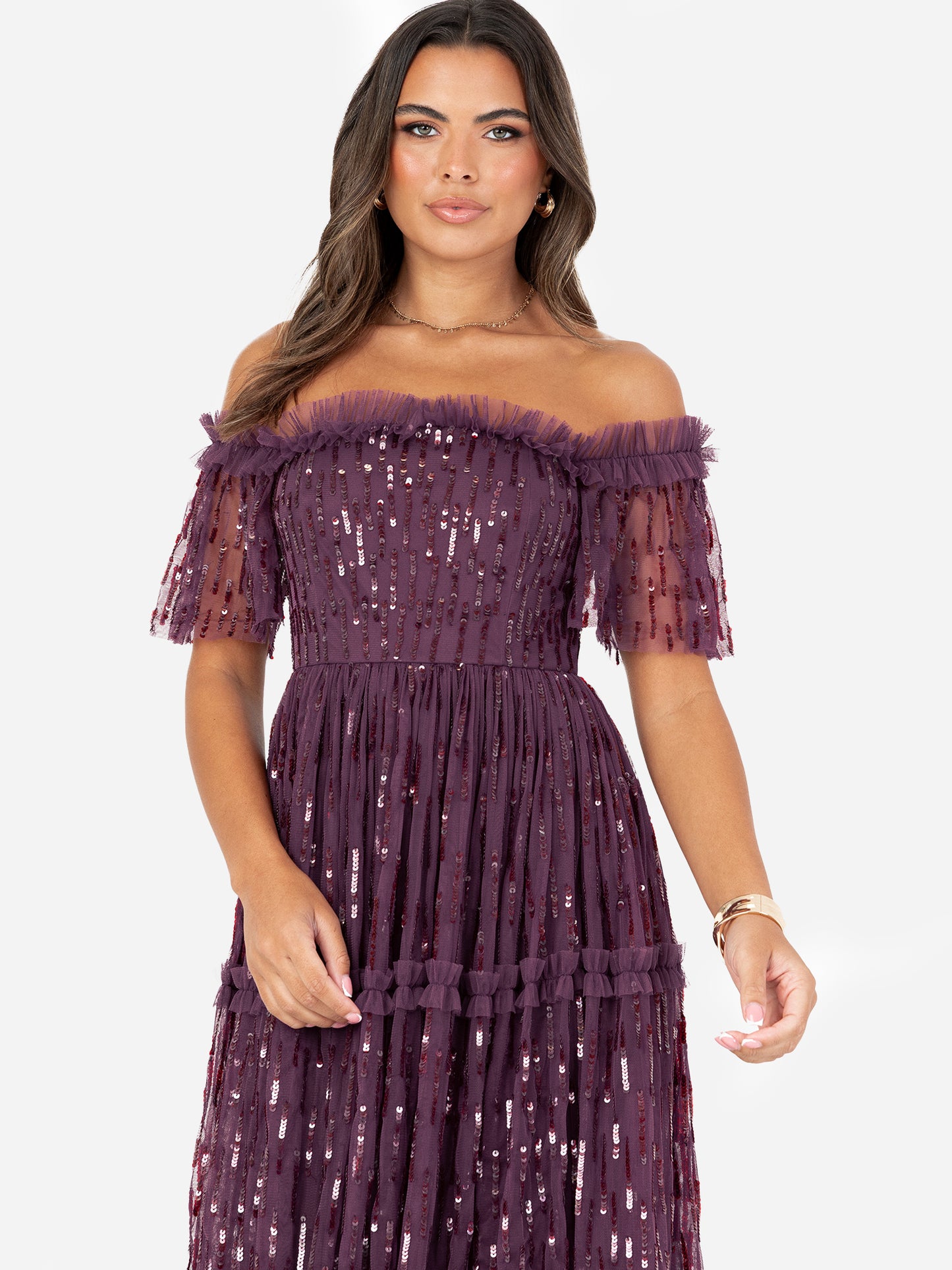 Maya Berry Linear Sequin Bardot Maxi Dress