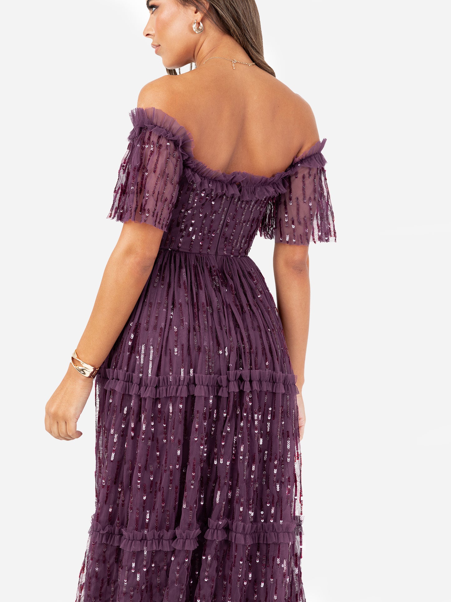 Maya Berry Linear Sequin Bardot Maxi Dress