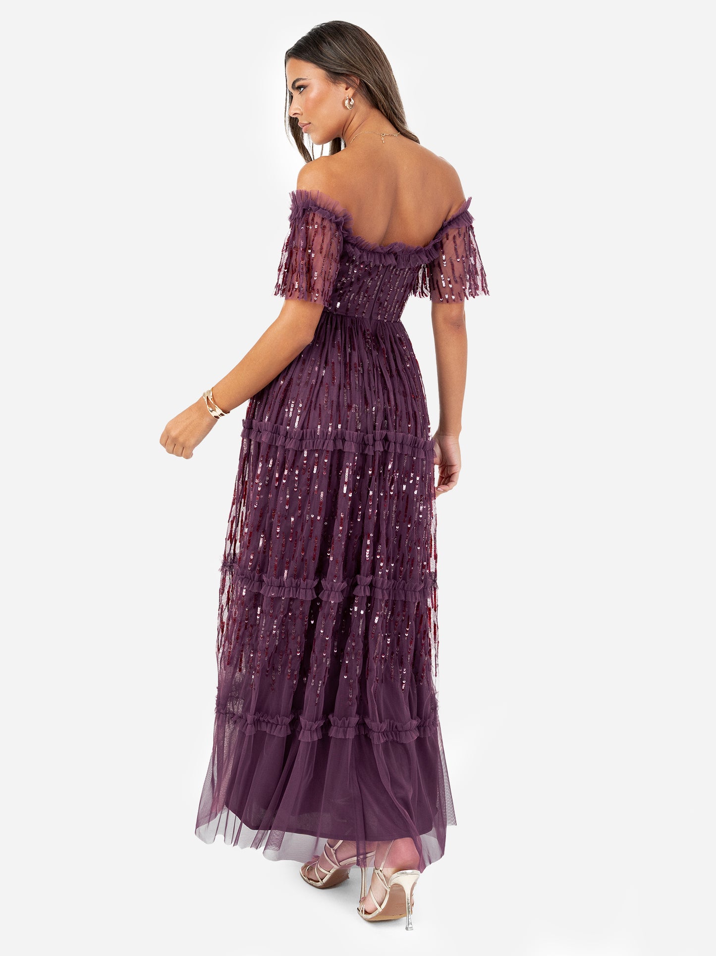 Maya Berry Linear Sequin Bardot Maxi Dress