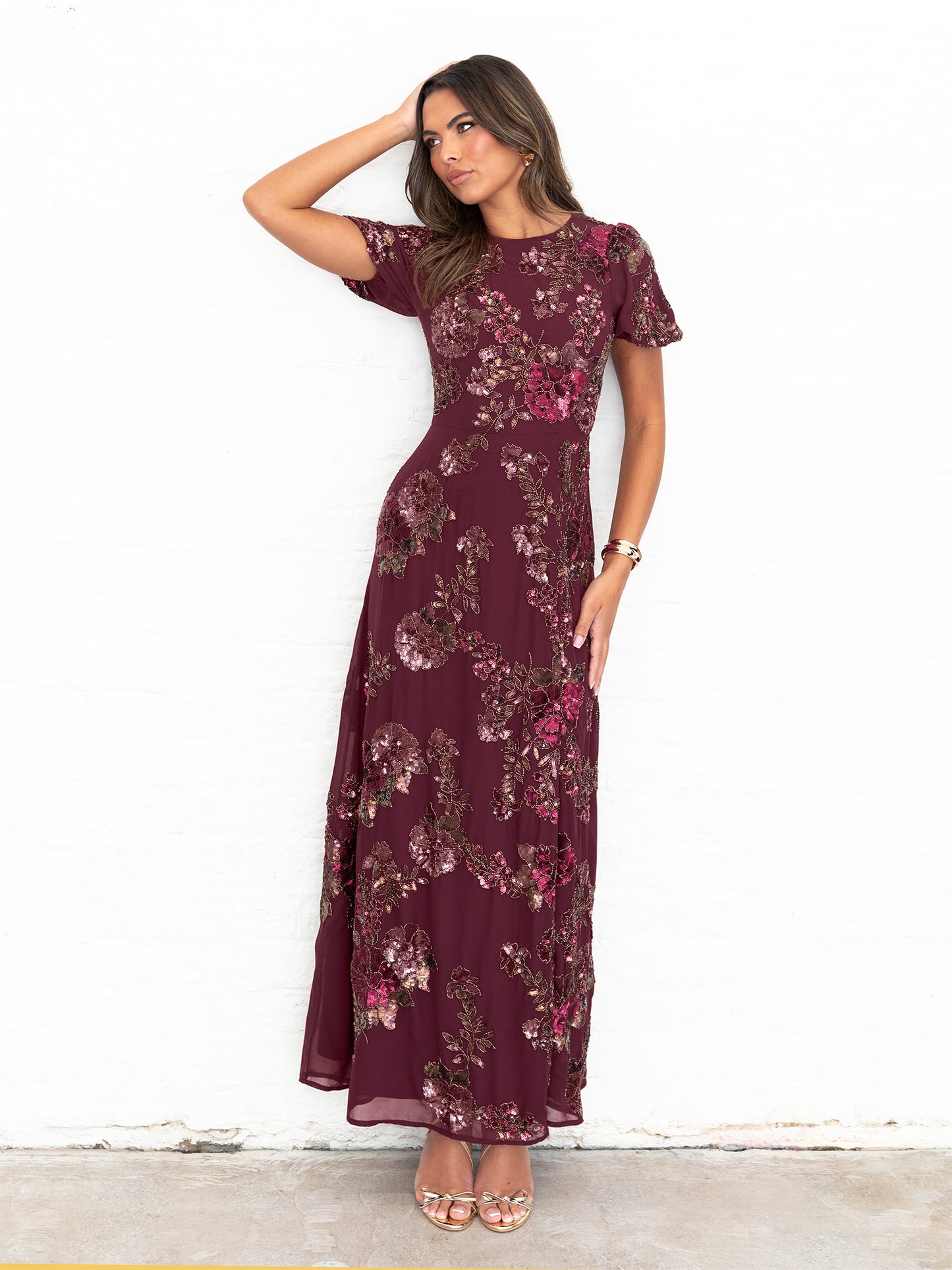 Maya Cranberry Floral Embellished Puff Sleeve & Open Back Maxi Dress