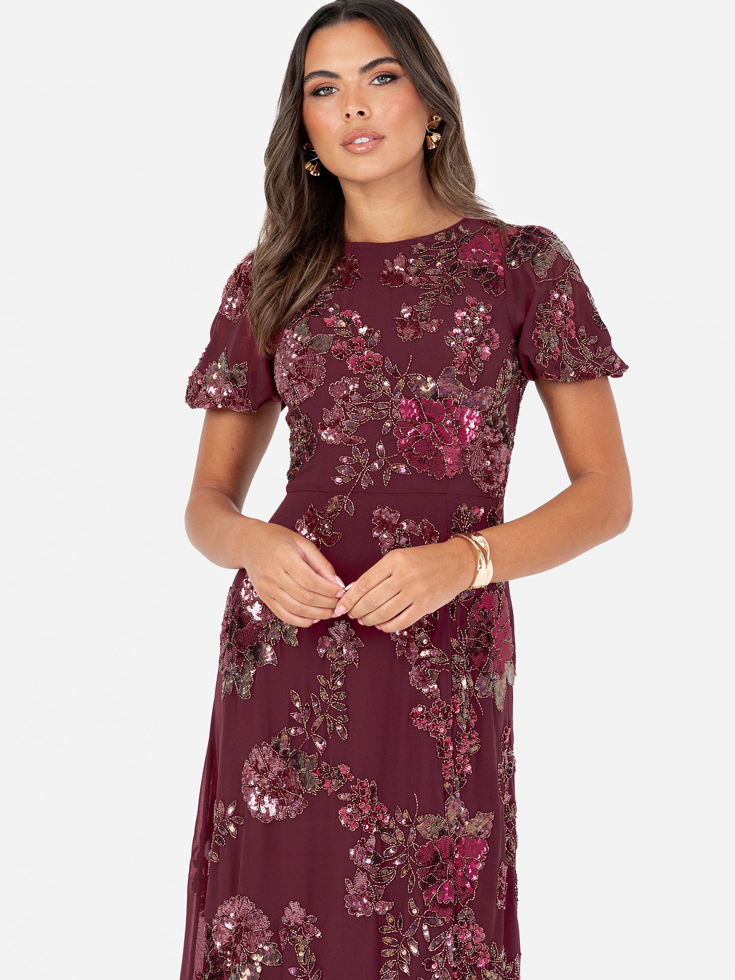 Maya Cranberry Floral Embellished Puff Sleeve & Open Back Maxi Dress
