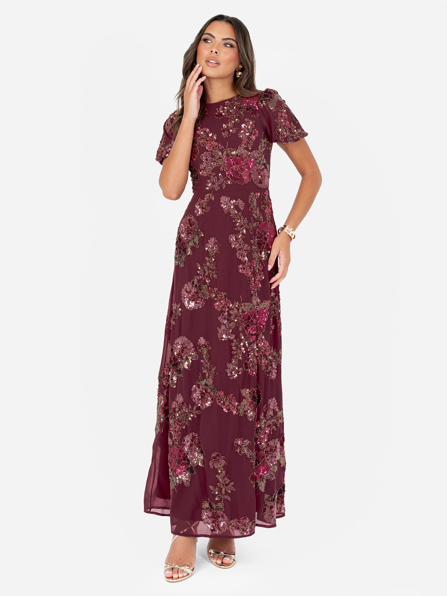 Maya Cranberry Floral Embellished Puff Sleeve & Open Back Maxi Dress